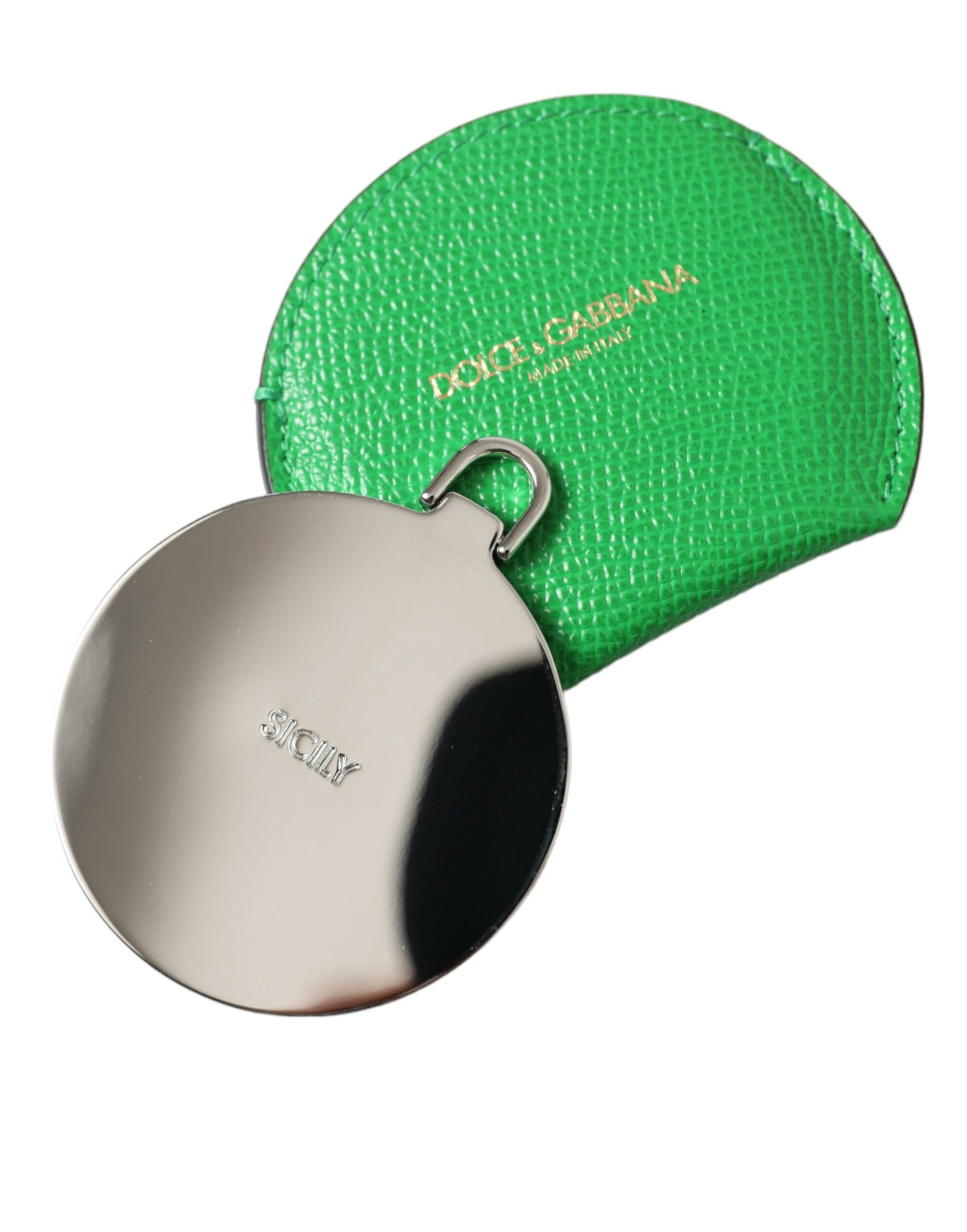 Dolce & Gabbana Green Calfskin Round Logo Hand Mirror Holder