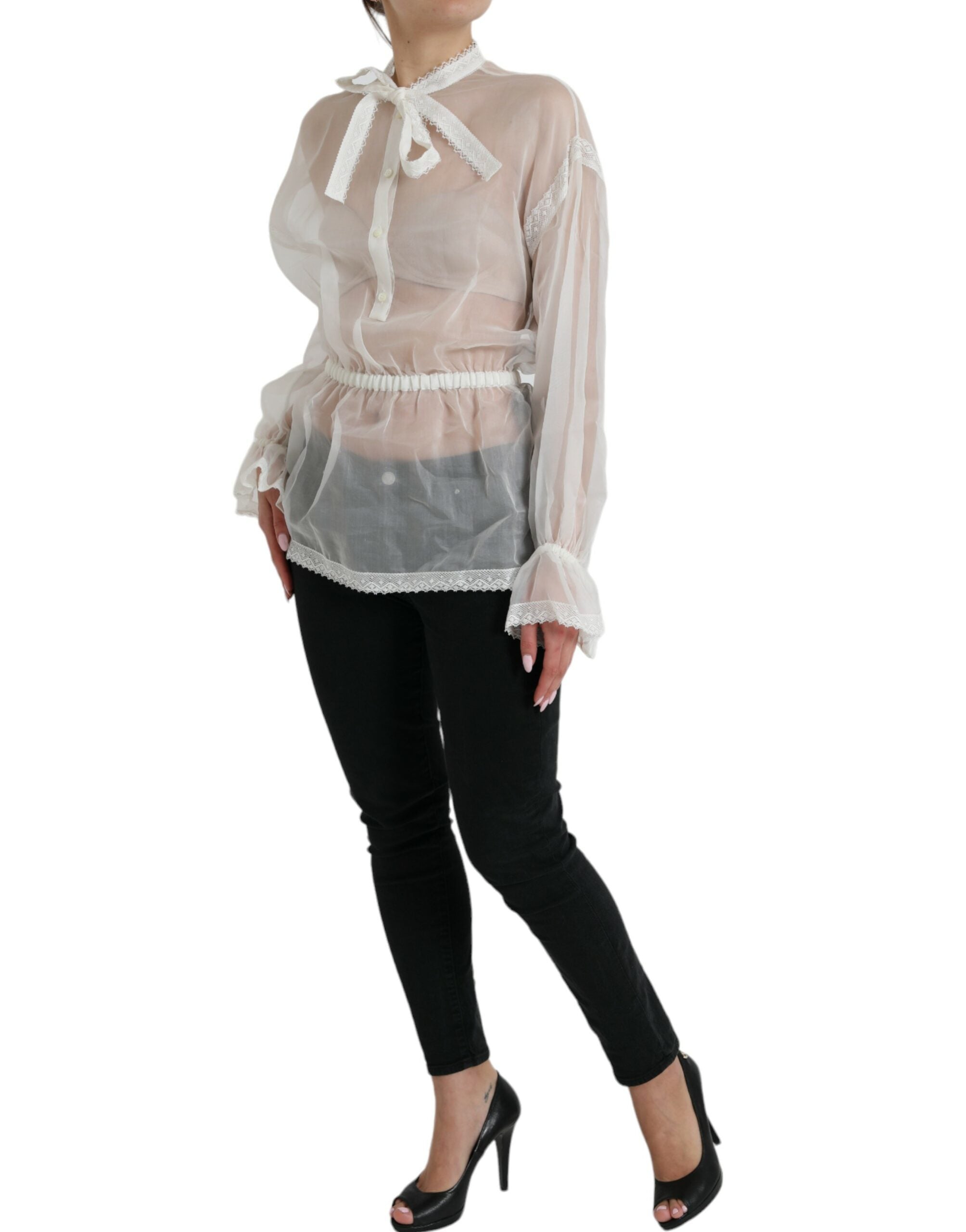 Dolce & Gabbana White Long-Sleeved Silk Top with Ascot Collar