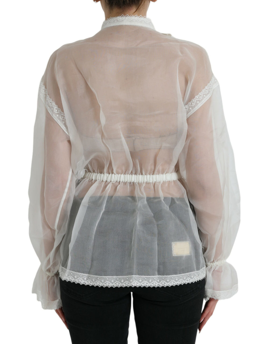 Dolce & Gabbana White Long-Sleeved Silk Top with Ascot Collar