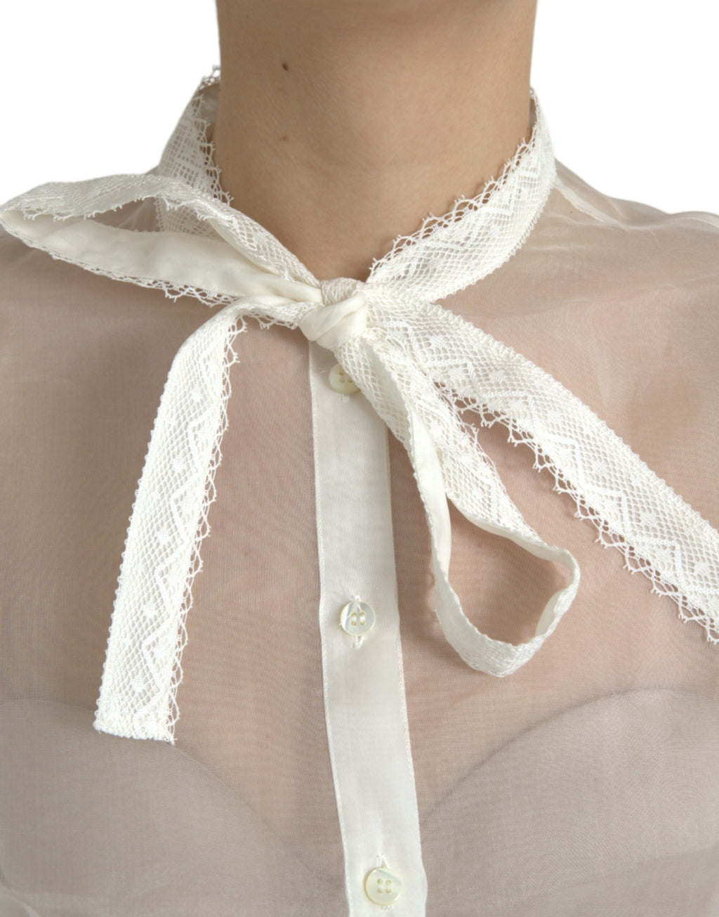 Dolce & Gabbana White Long-Sleeved Silk Top with Ascot Collar