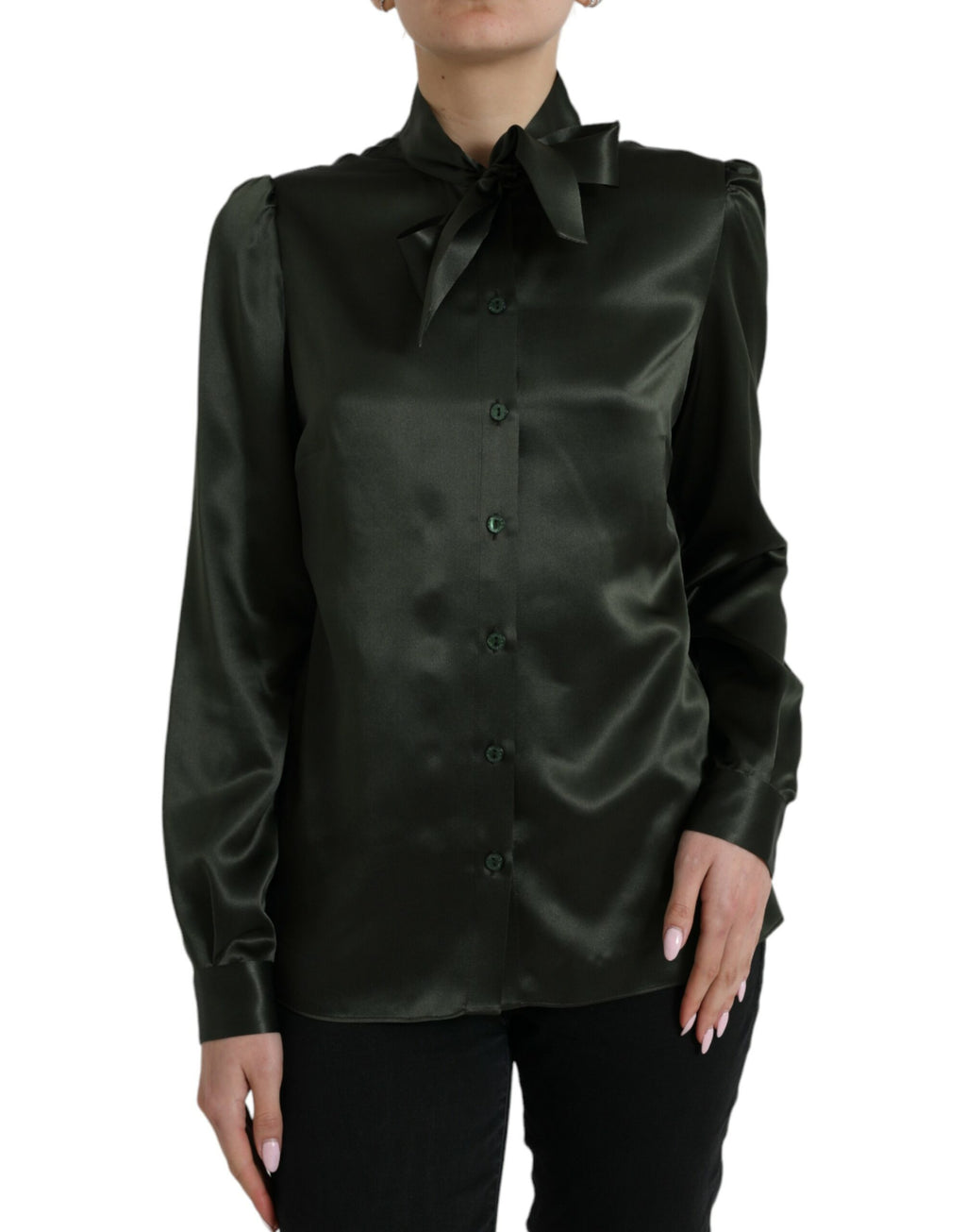 Dolce & Gabbana Grey Long-Sleeve Blouse Top with Ascot Collar