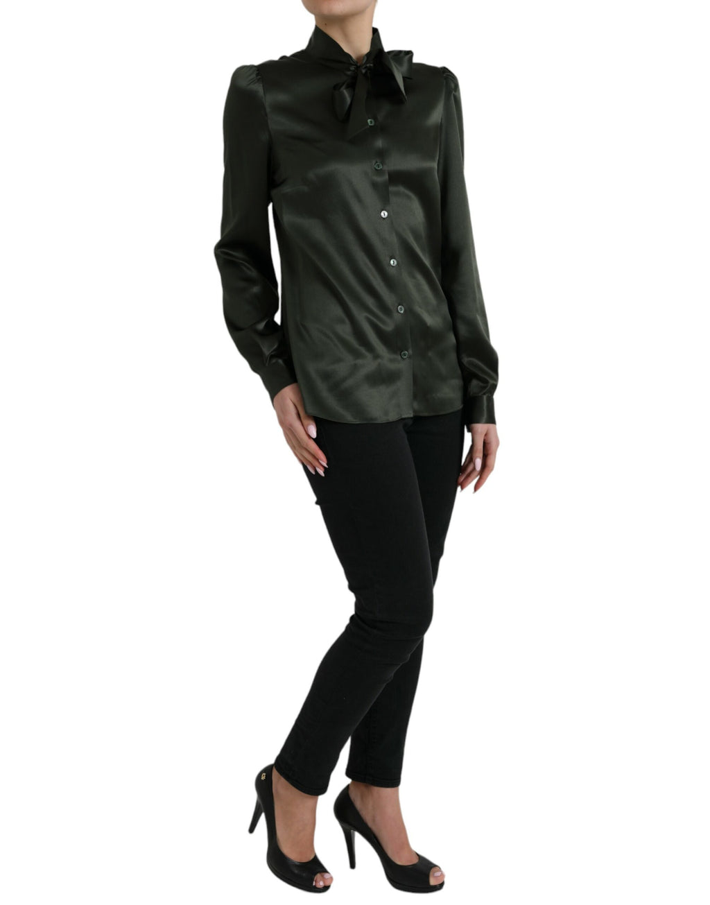 Dolce & Gabbana Grey Long-Sleeve Blouse Top with Ascot Collar