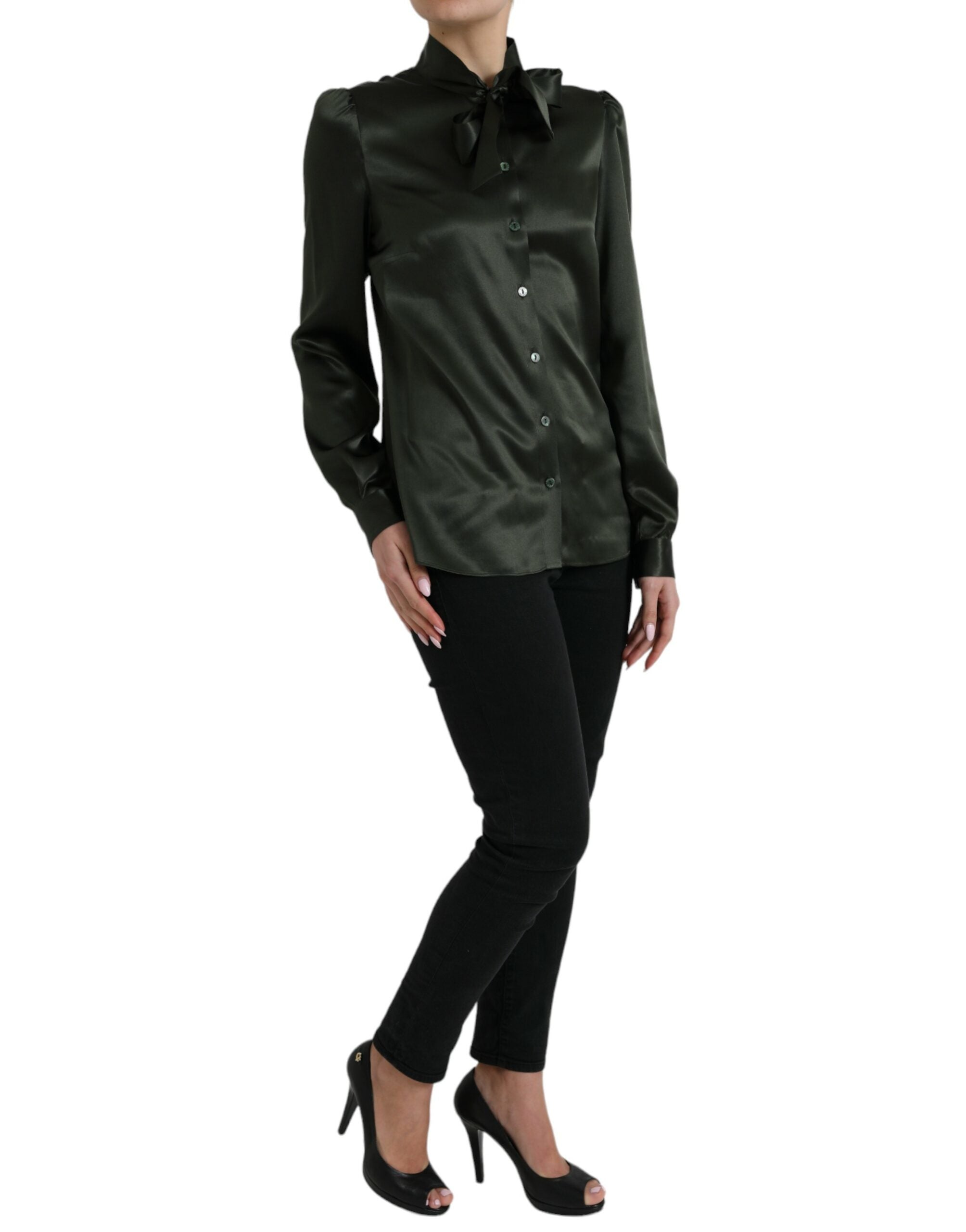 Dolce & Gabbana Grey Long-Sleeve Blouse Top with Ascot Collar