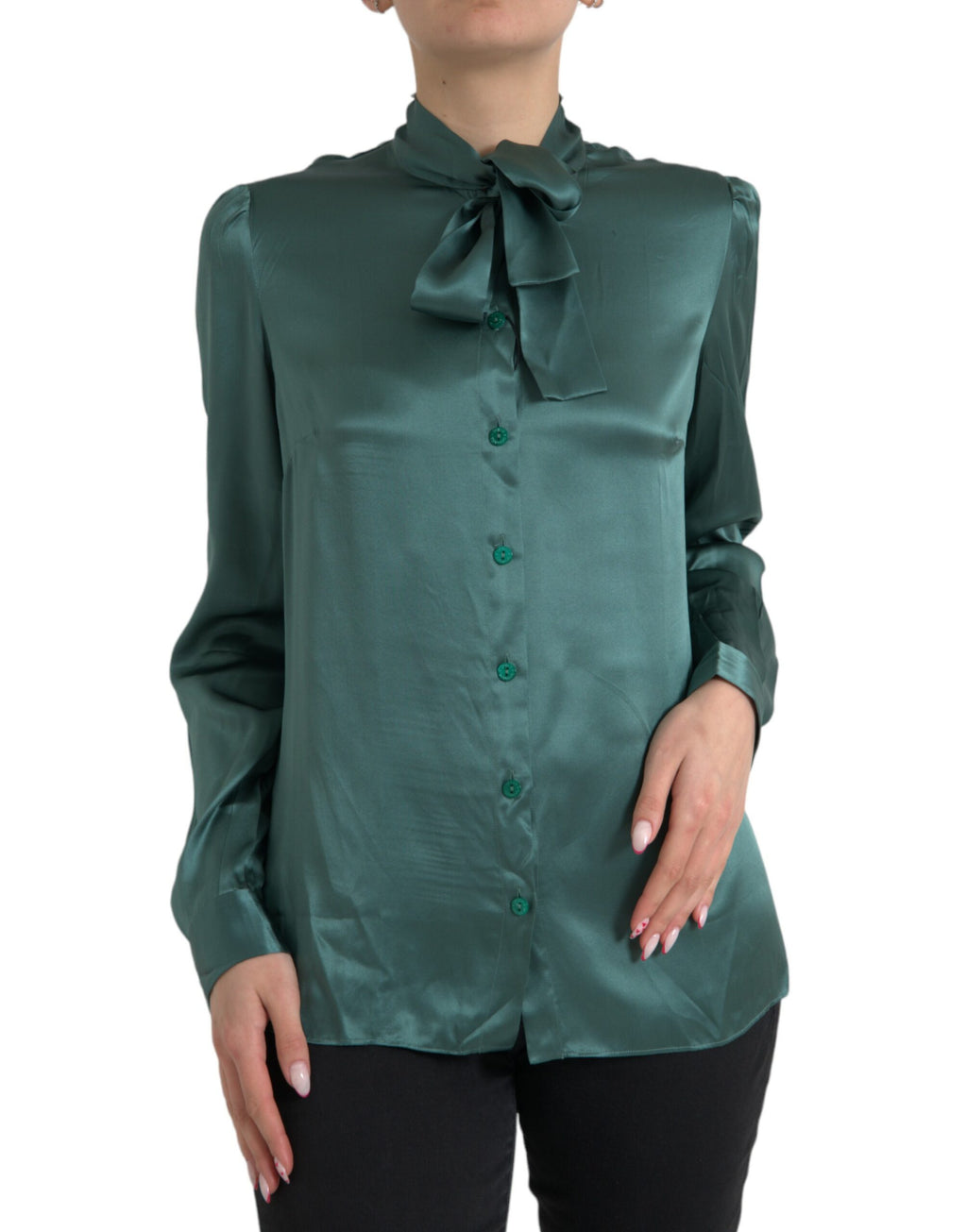 Dolce & Gabbana Dark Green Silk Ascot-Collar Blouse