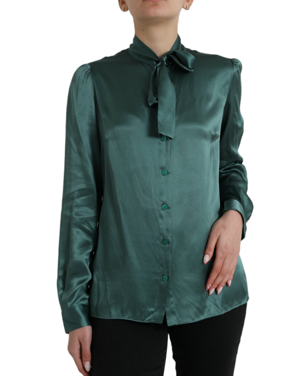 Dolce & Gabbana Dark Green Silk Ascot-Collar Blouse