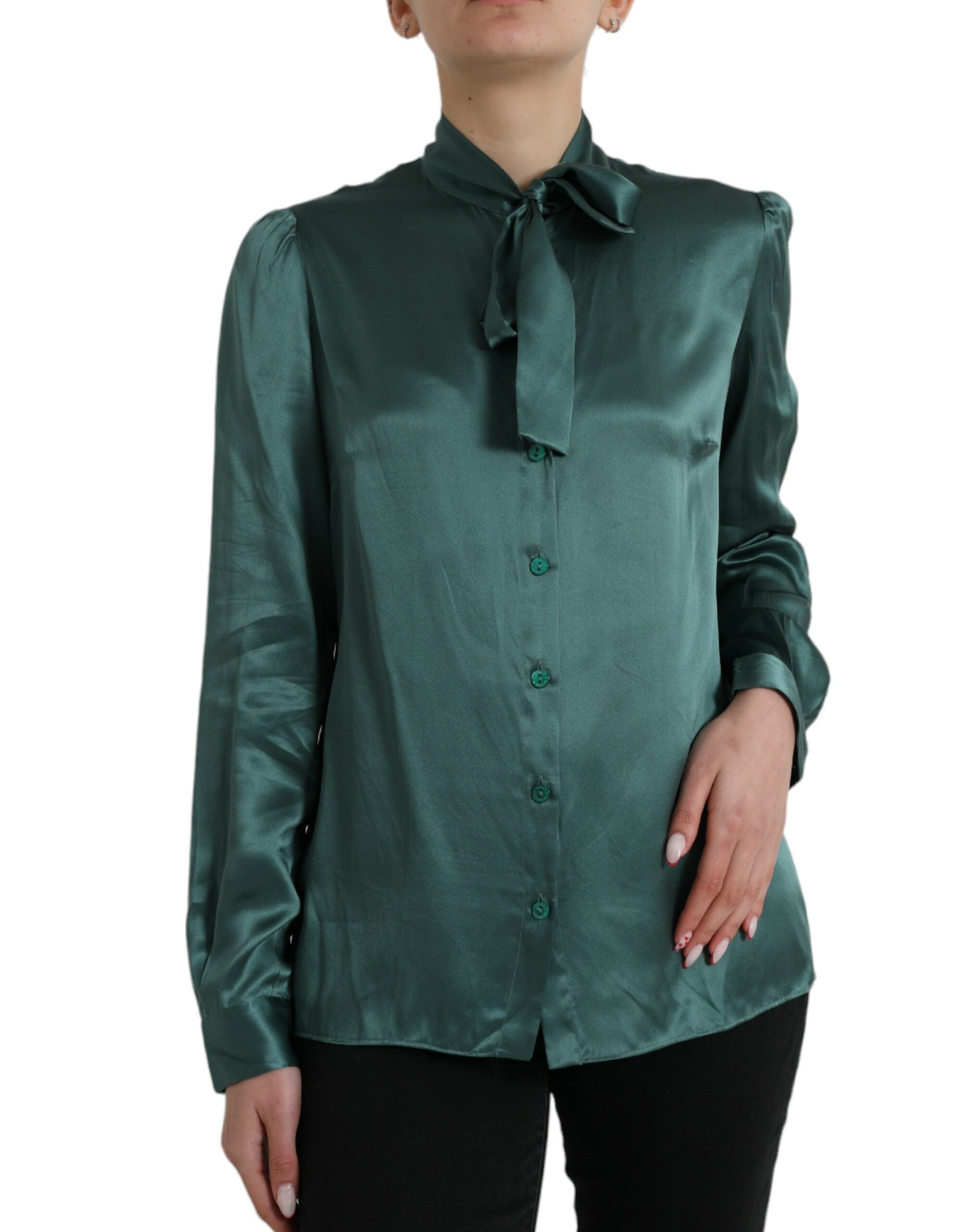 Dolce & Gabbana Dark Green Silk Ascot-Collar Blouse