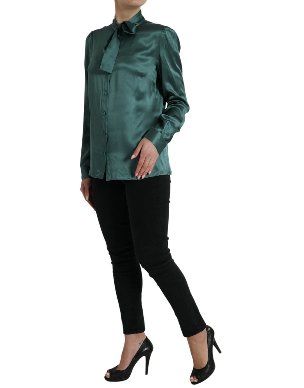Dolce & Gabbana Dark Green Silk Ascot-Collar Blouse