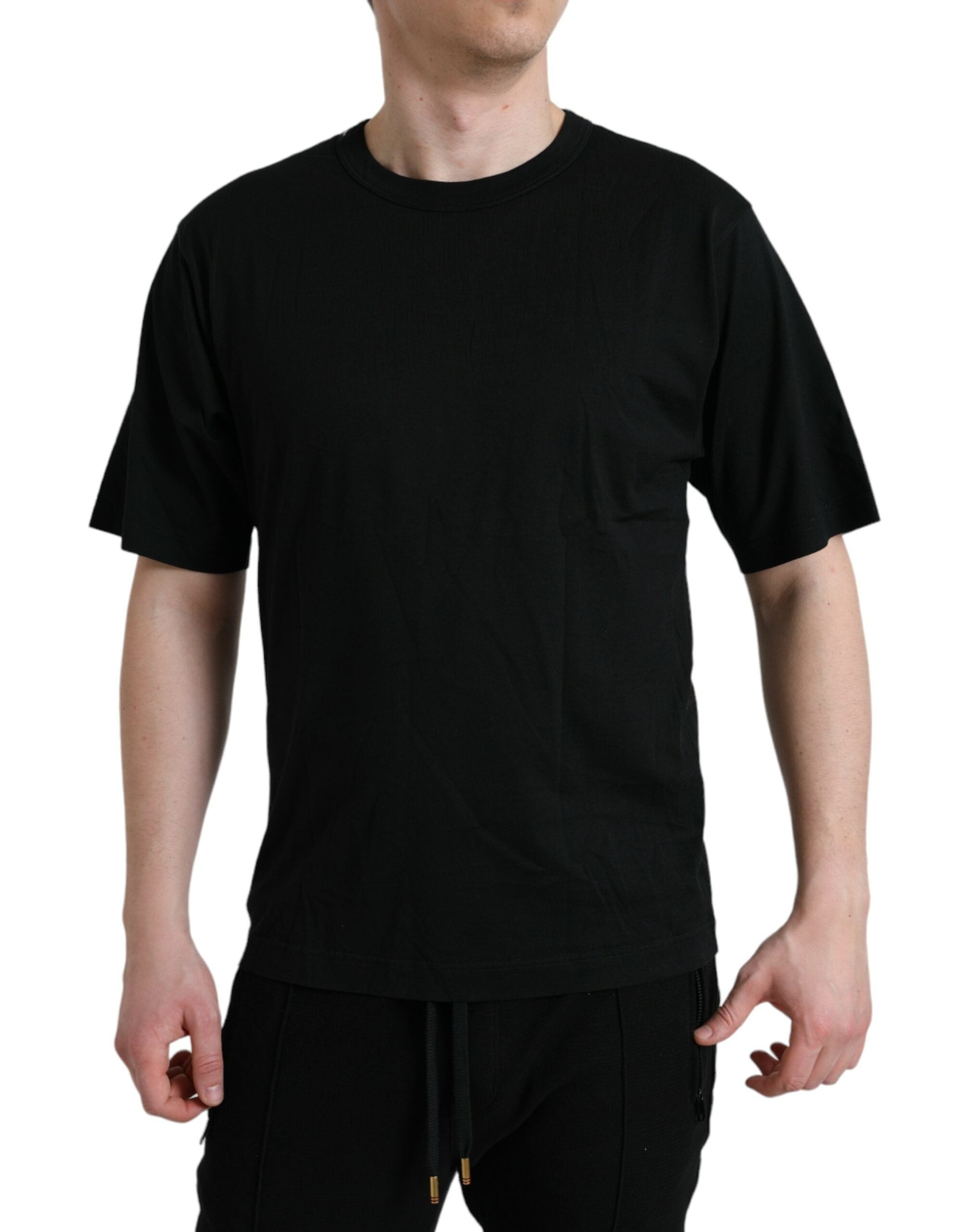 Dolce & Gabbana Schwarzes T-Shirt mit Rundhalsausschnitt und kurzen Ärmeln mit Logo-Prägung