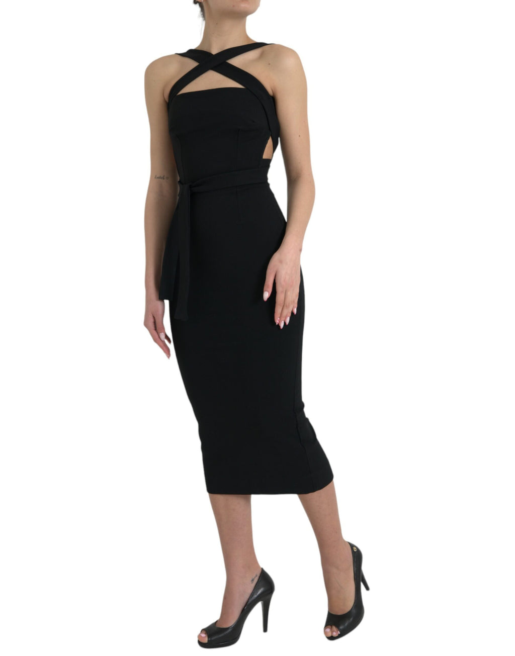 Dolce & Gabbana Schwarzes ärmelloses Midikleid mit Mantelhalter