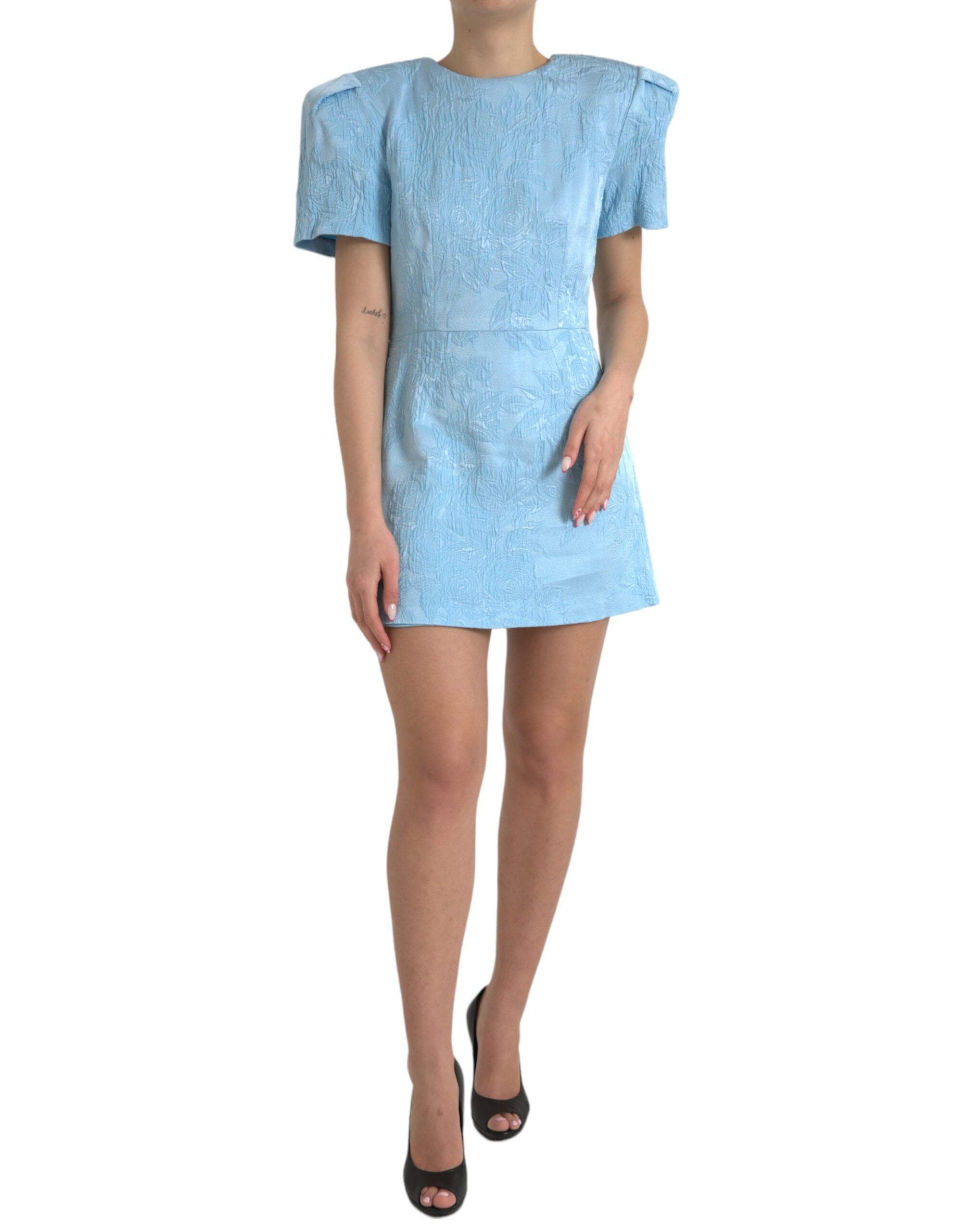 Dolce & Gabbana Hellblaues geblümtes Jacquard-Minikleid mit Puffärmeln