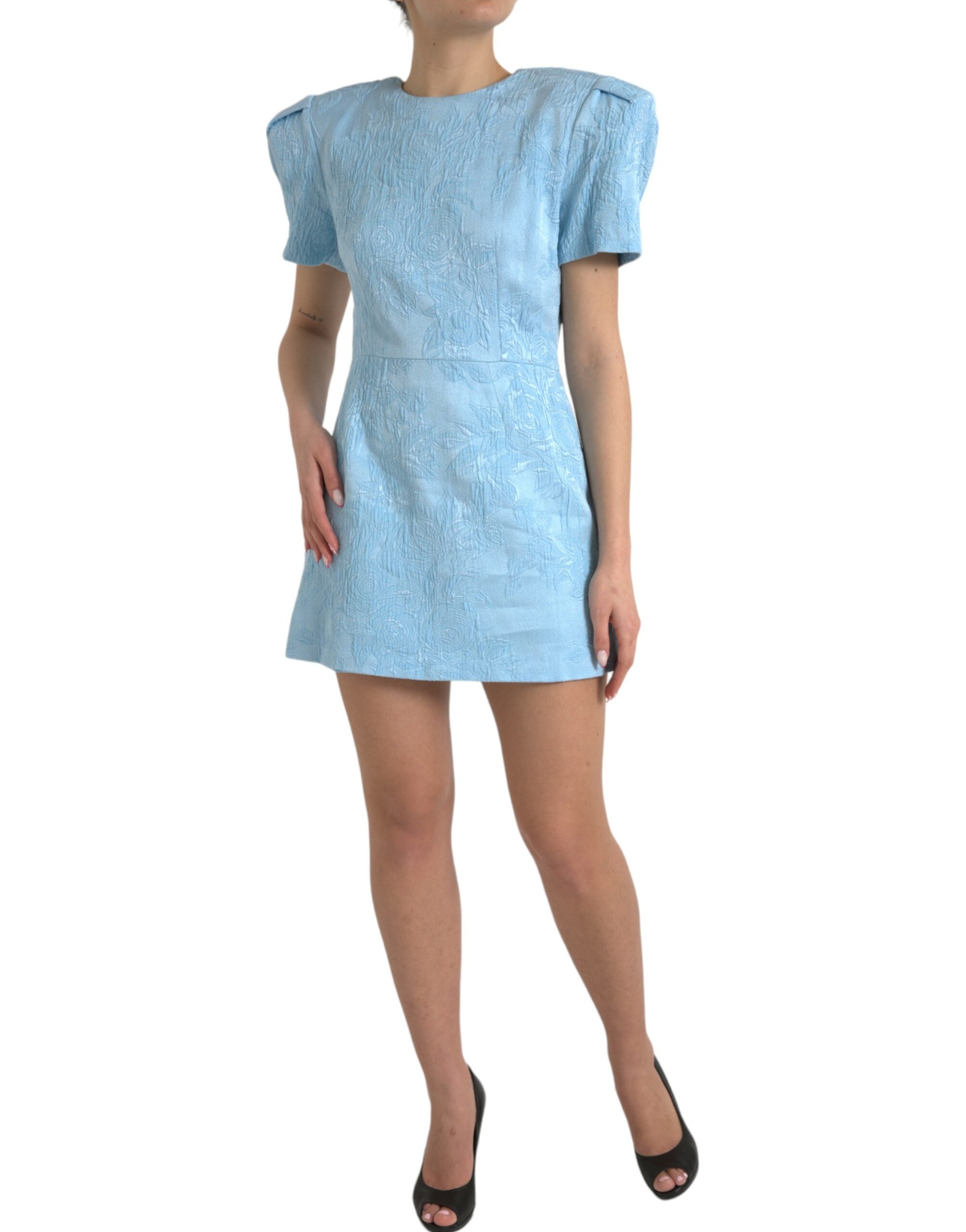 Dolce & Gabbana Hellblaues geblümtes Jacquard-Minikleid mit Puffärmeln