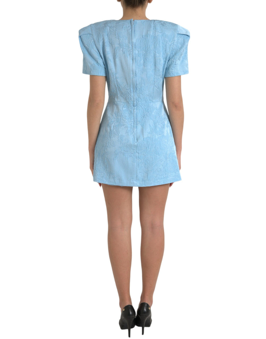 Dolce & Gabbana Hellblaues geblümtes Jacquard-Minikleid mit Puffärmeln