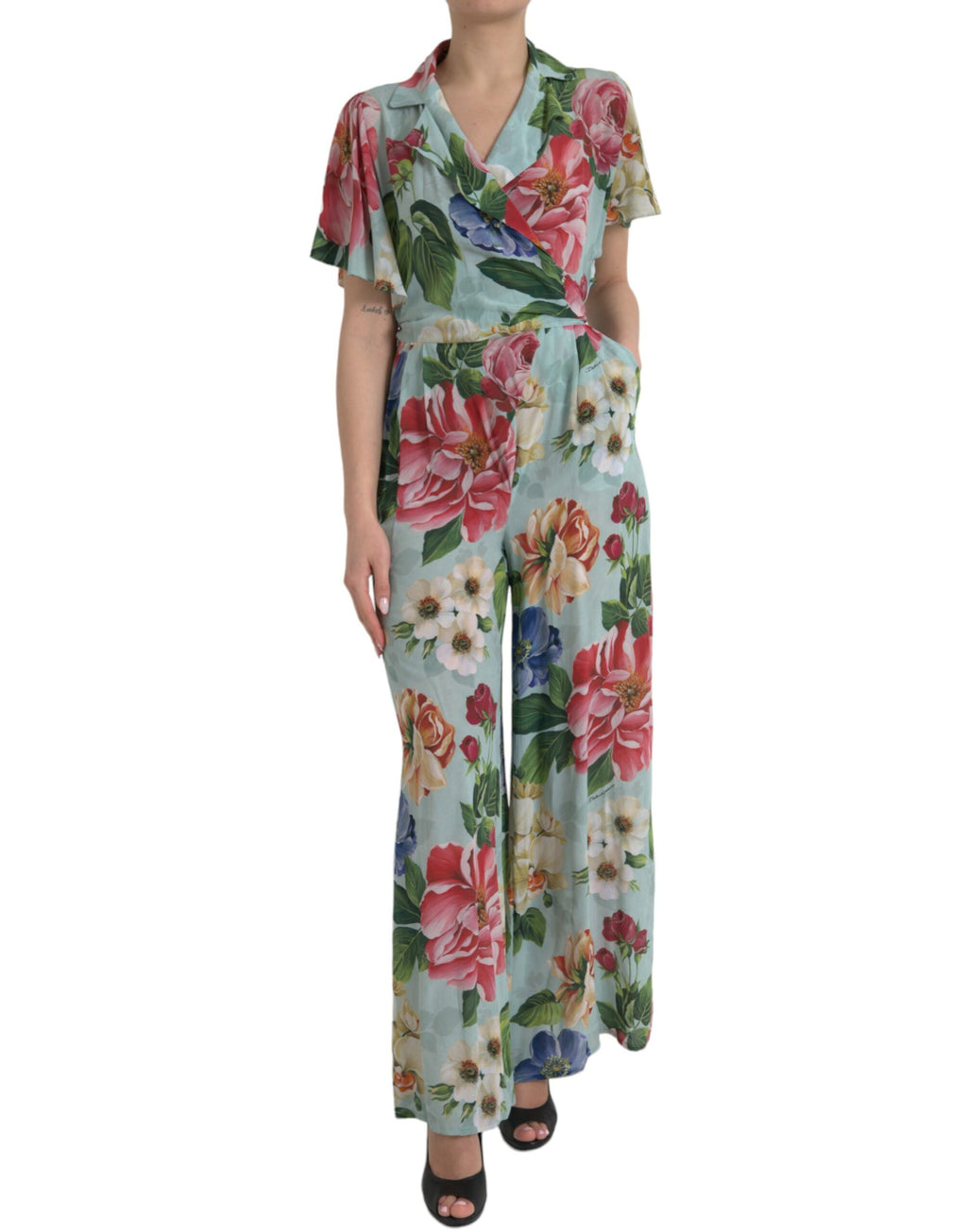 Dolce & Gabbana Blue Floral Wide-Leg Wrap Jumpsuit