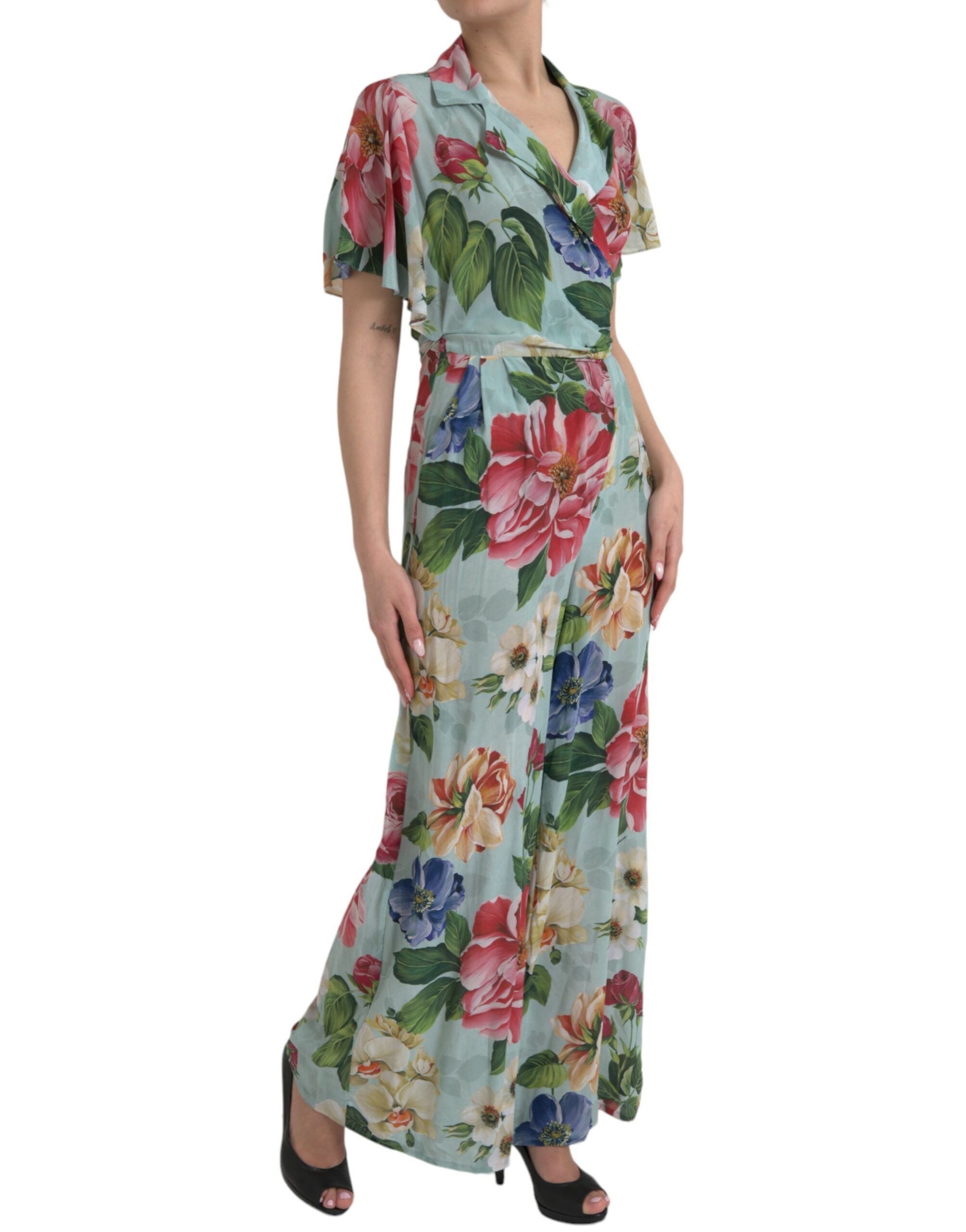 Dolce & Gabbana Blauer geblümter Wickel-Overall mit weitem Bein