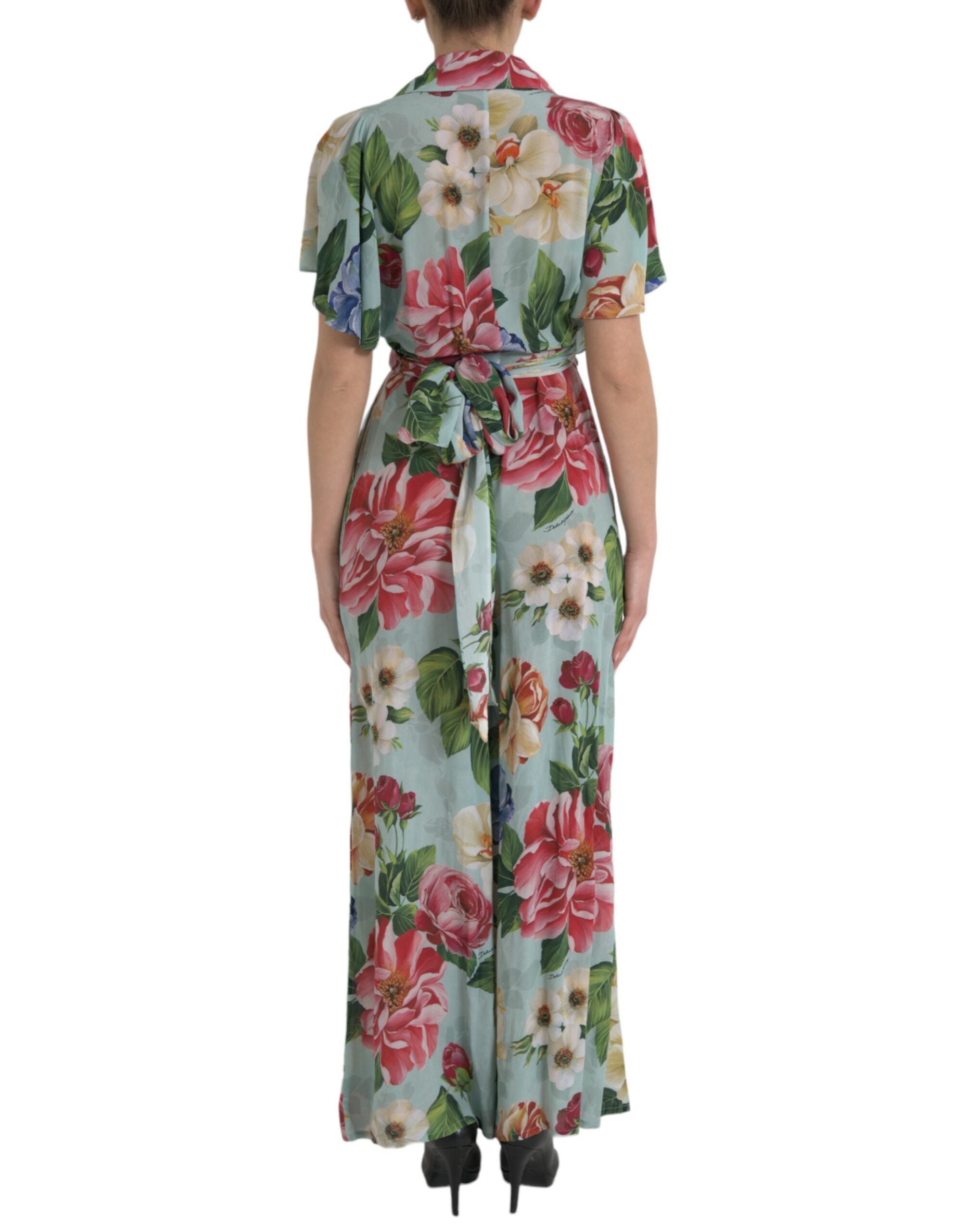 Dolce & Gabbana Blauer geblümter Wickel-Overall mit weitem Bein