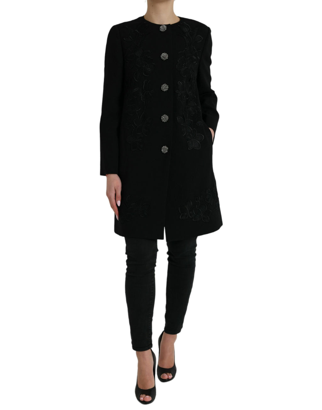Dolce & Gabbana Black Wool Floral Button Jacket