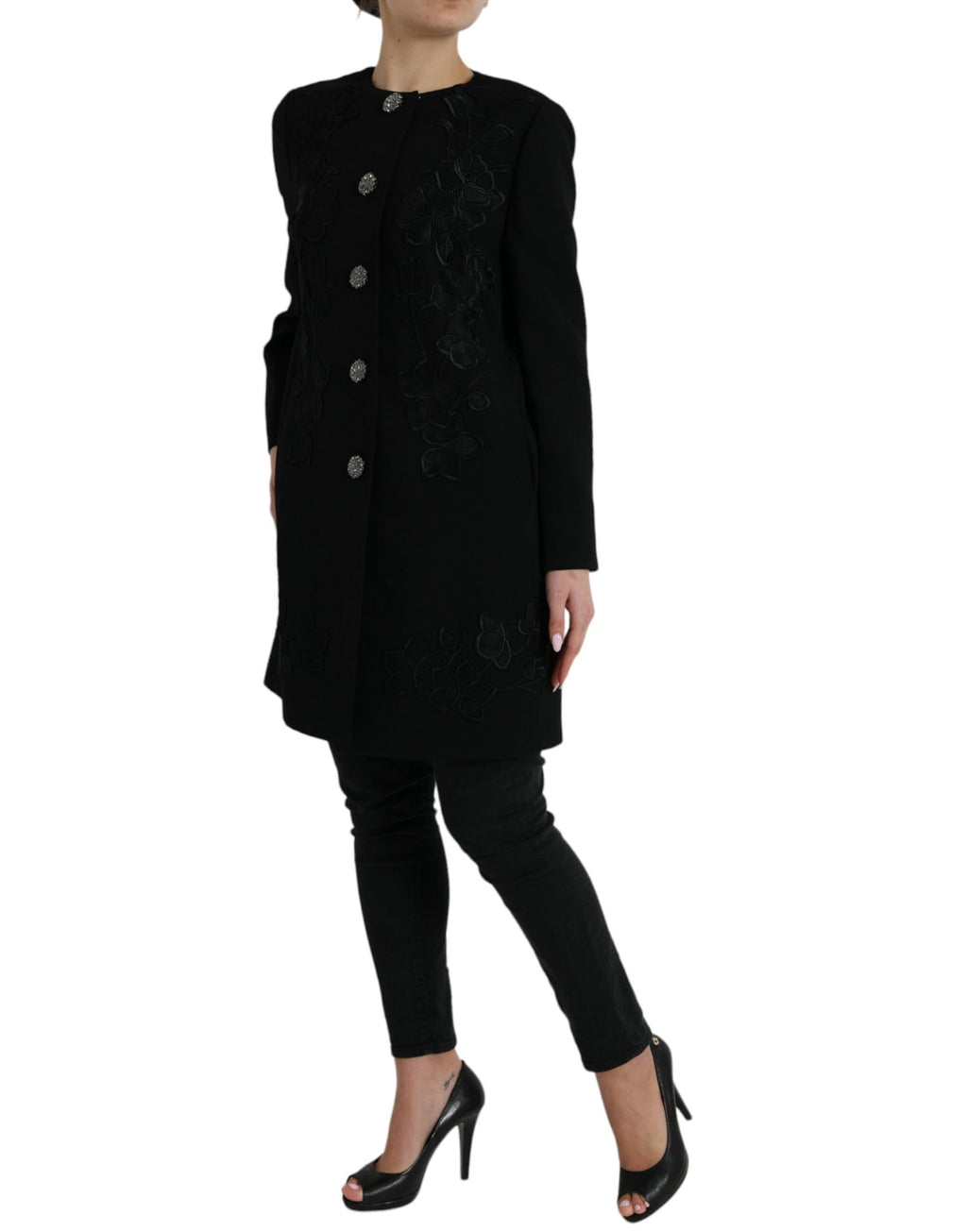 Dolce & Gabbana Black Wool Floral Button Jacket