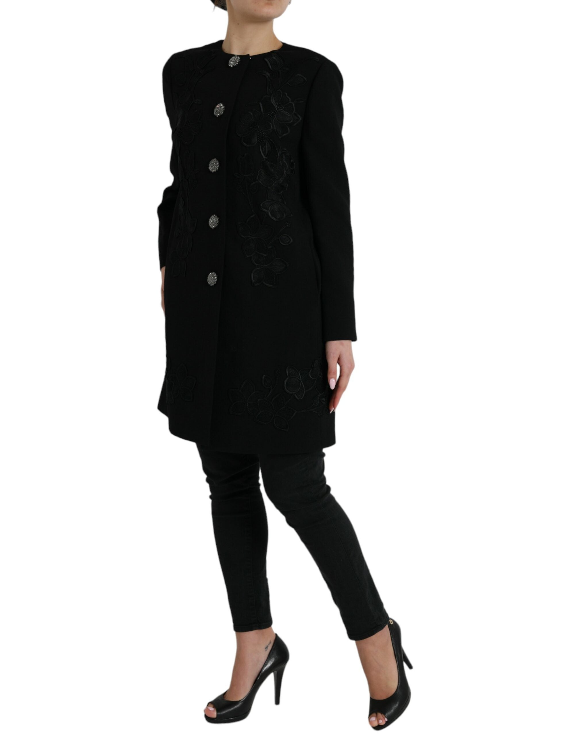 Dolce & Gabbana Black Wool Floral Button Jacket