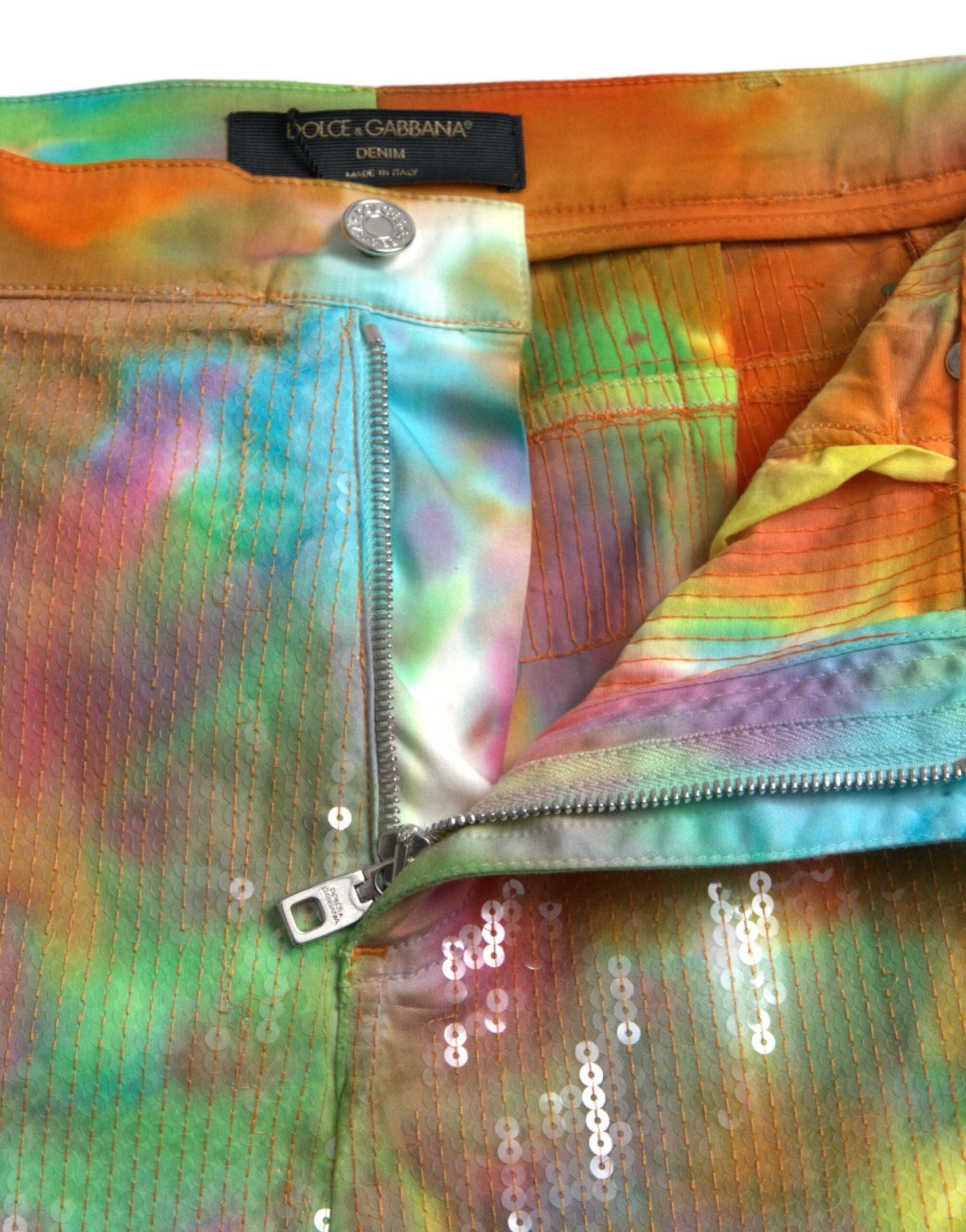 Dolce & Gabbana Multicolor Tie Dye mit Pailletten besetzte Hose mit hoher Taille