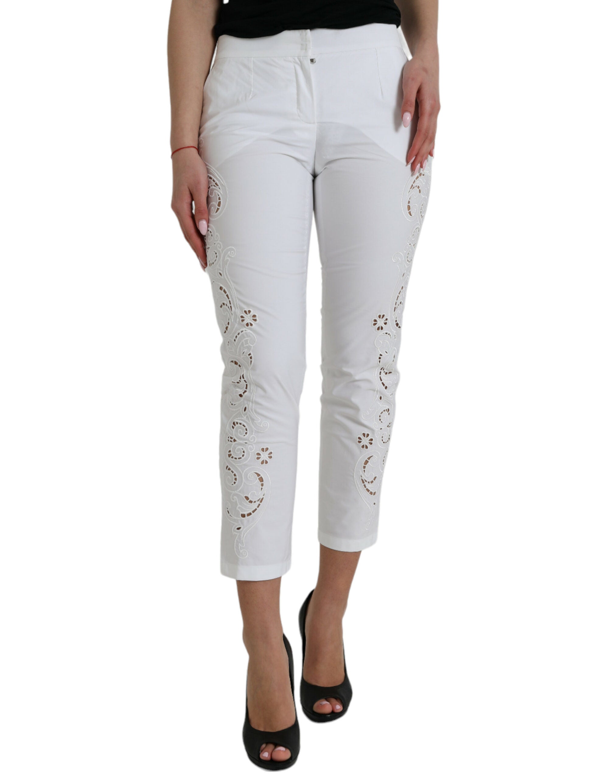 Dolce & Gabbana White Cut-Out Mid-Rise Cotton Trousers