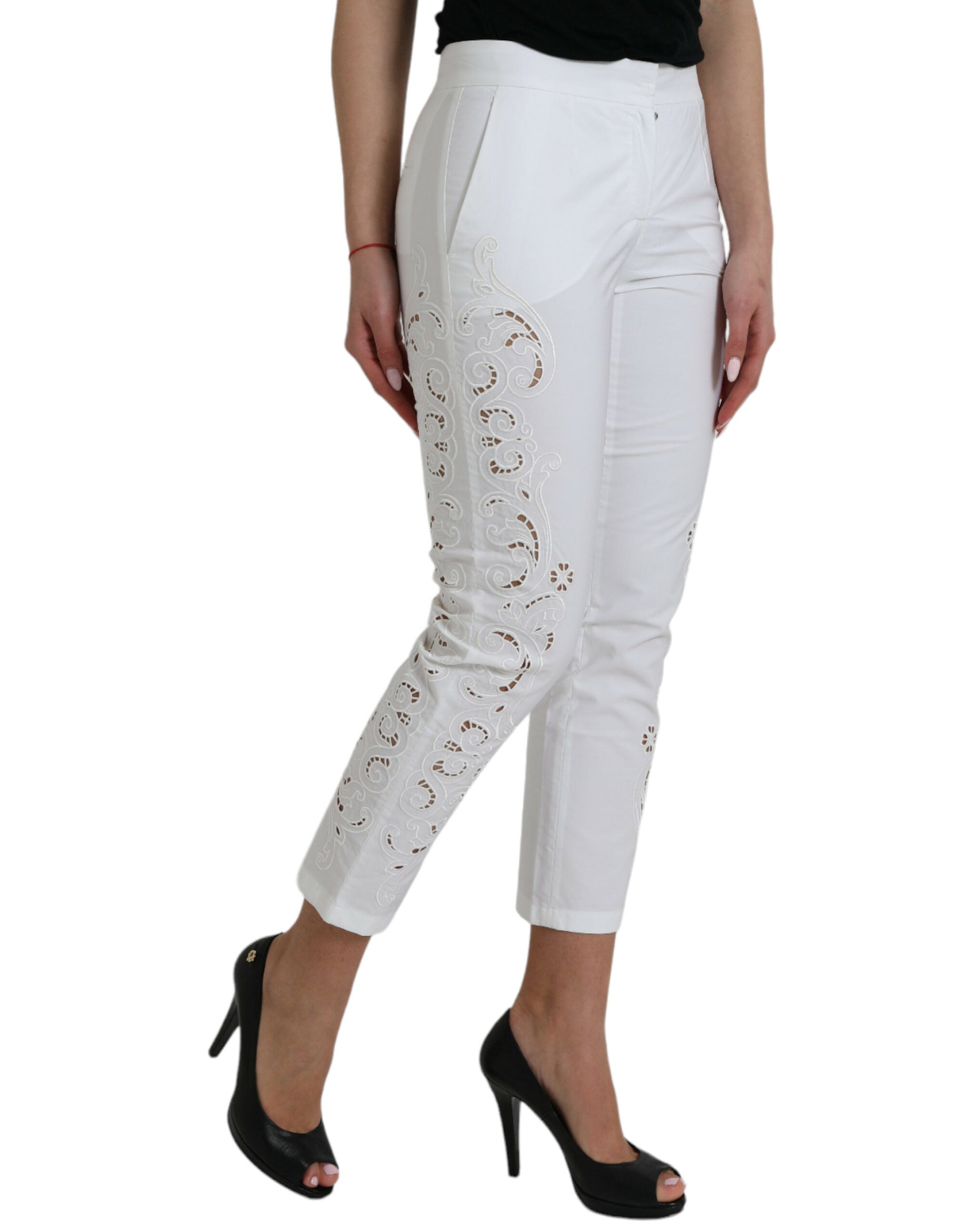 Dolce & Gabbana White Cut-Out Mid-Rise Cotton Trousers