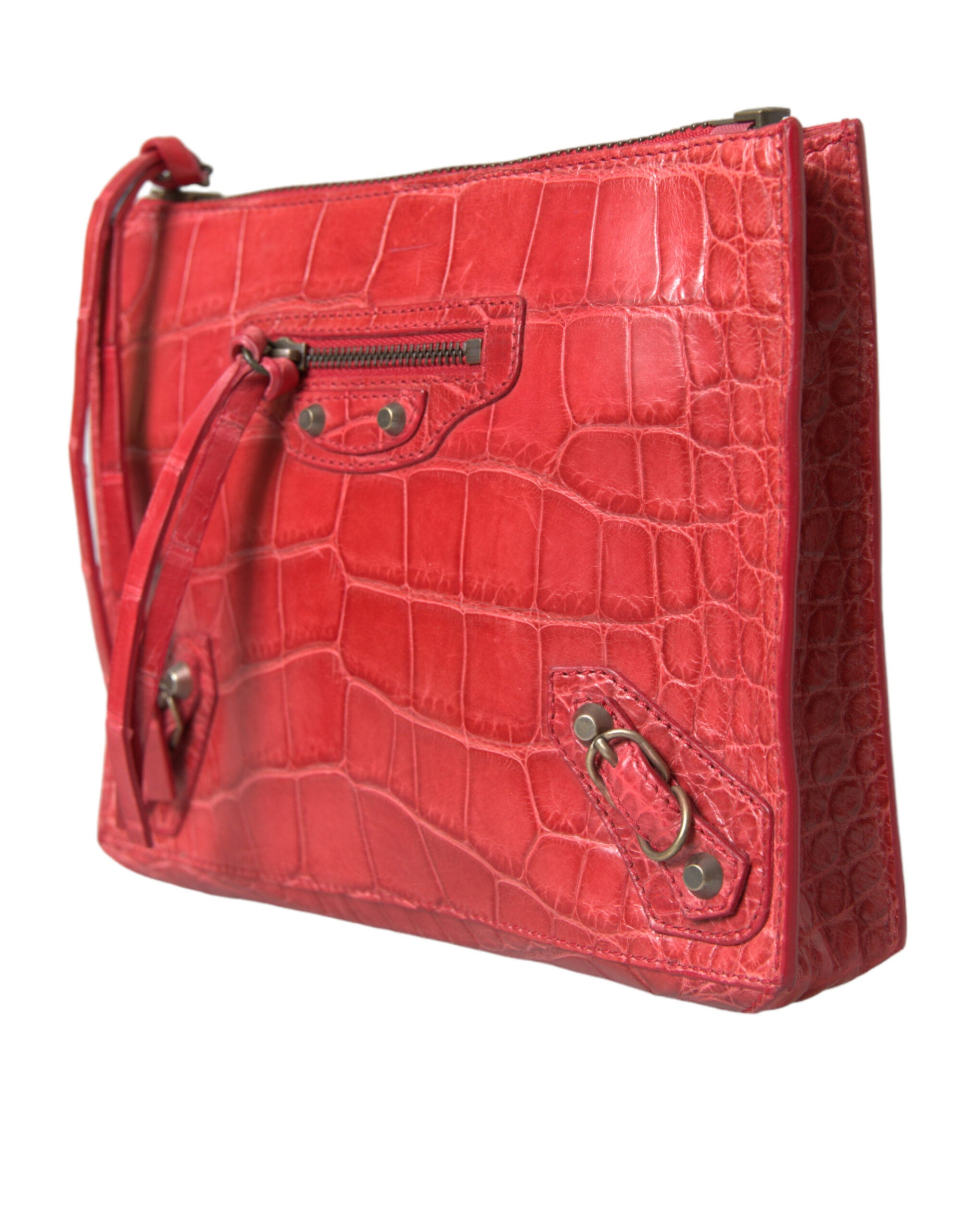 Balenciaga Red Exotic Skin Leather Classic Pouch Wallet Wristlet Bag