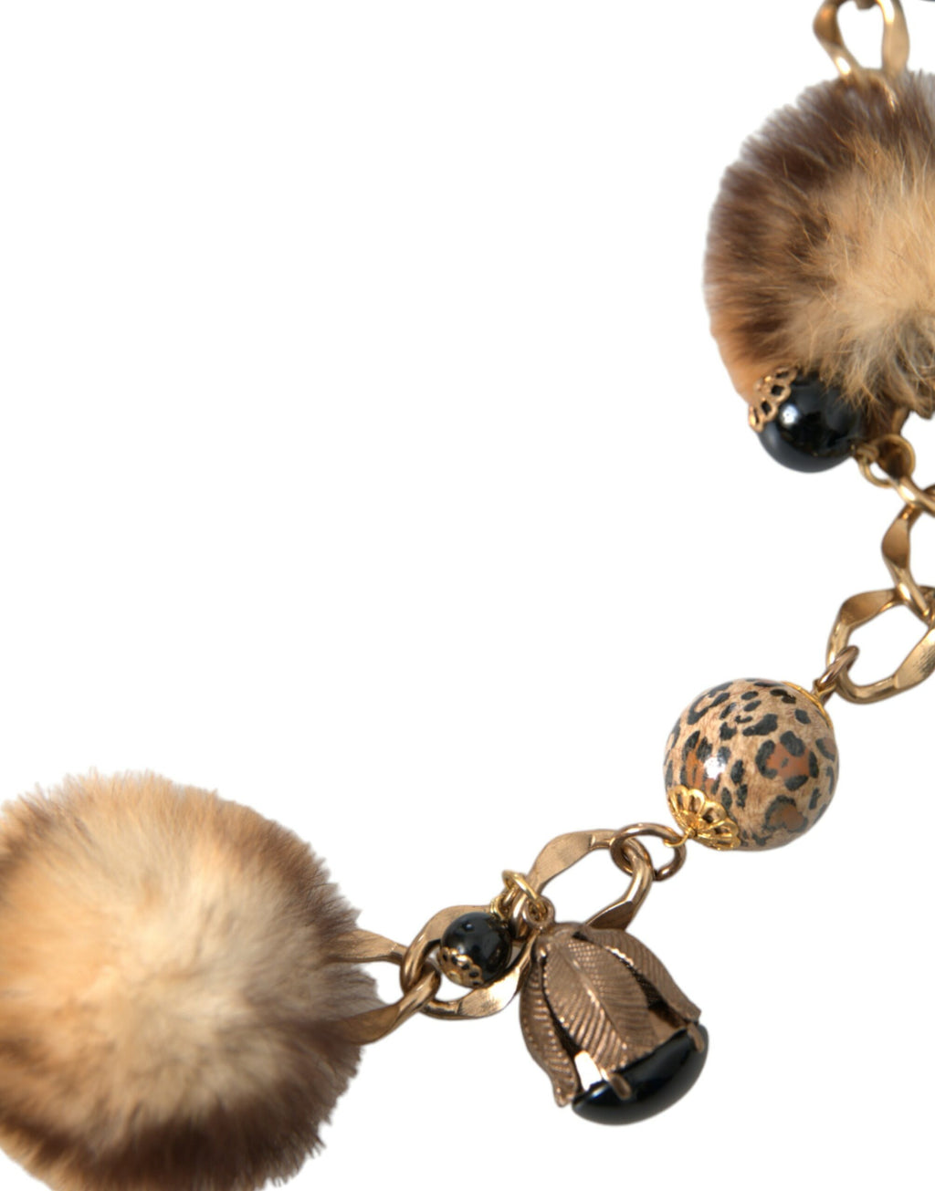 Dolce & Gabbana Gold Messing Leopard Pelz Perle Collier Kette Gürtel