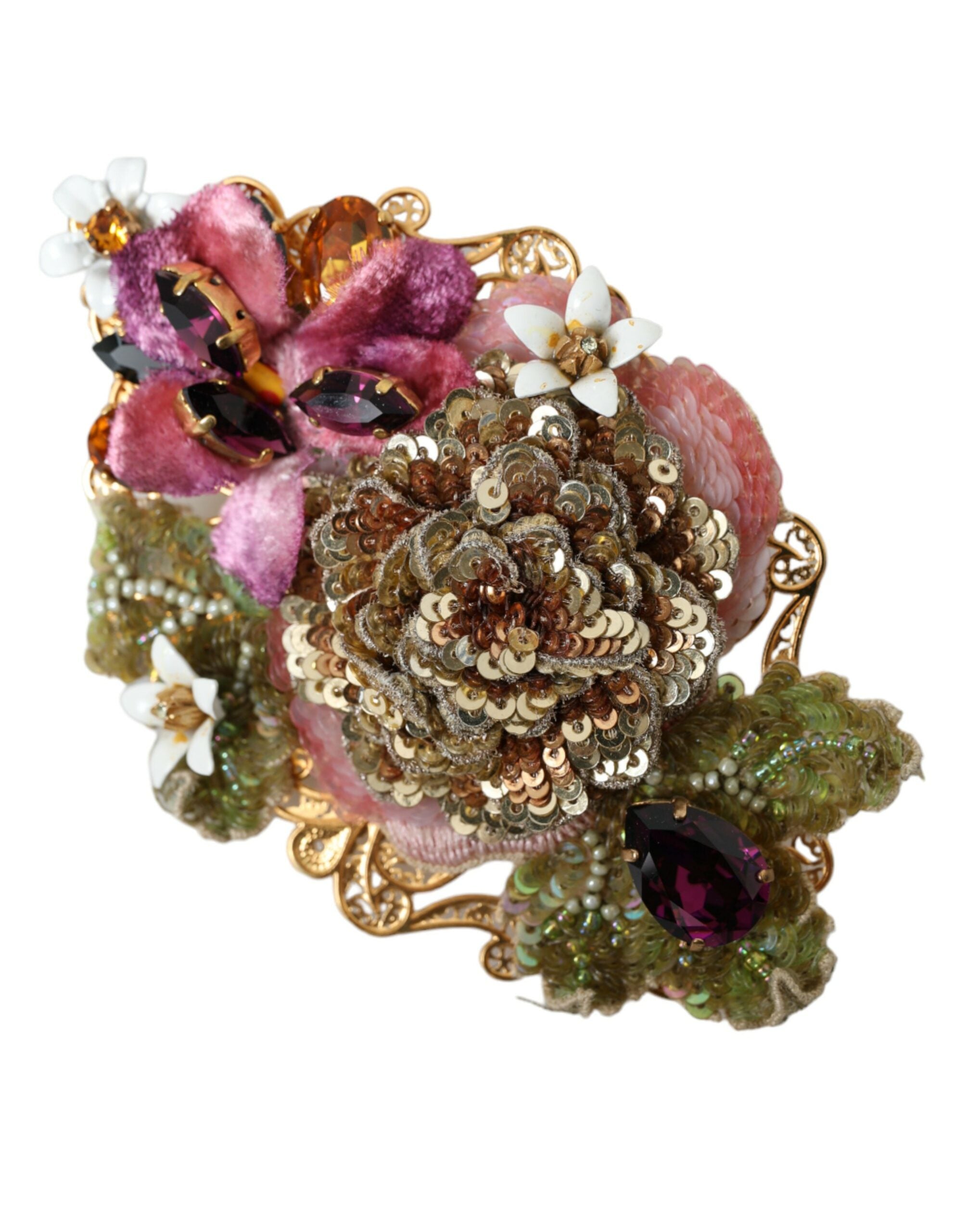 Dolce & Gabbana Gold Brass Floral Crystal Sequin Hair Clip