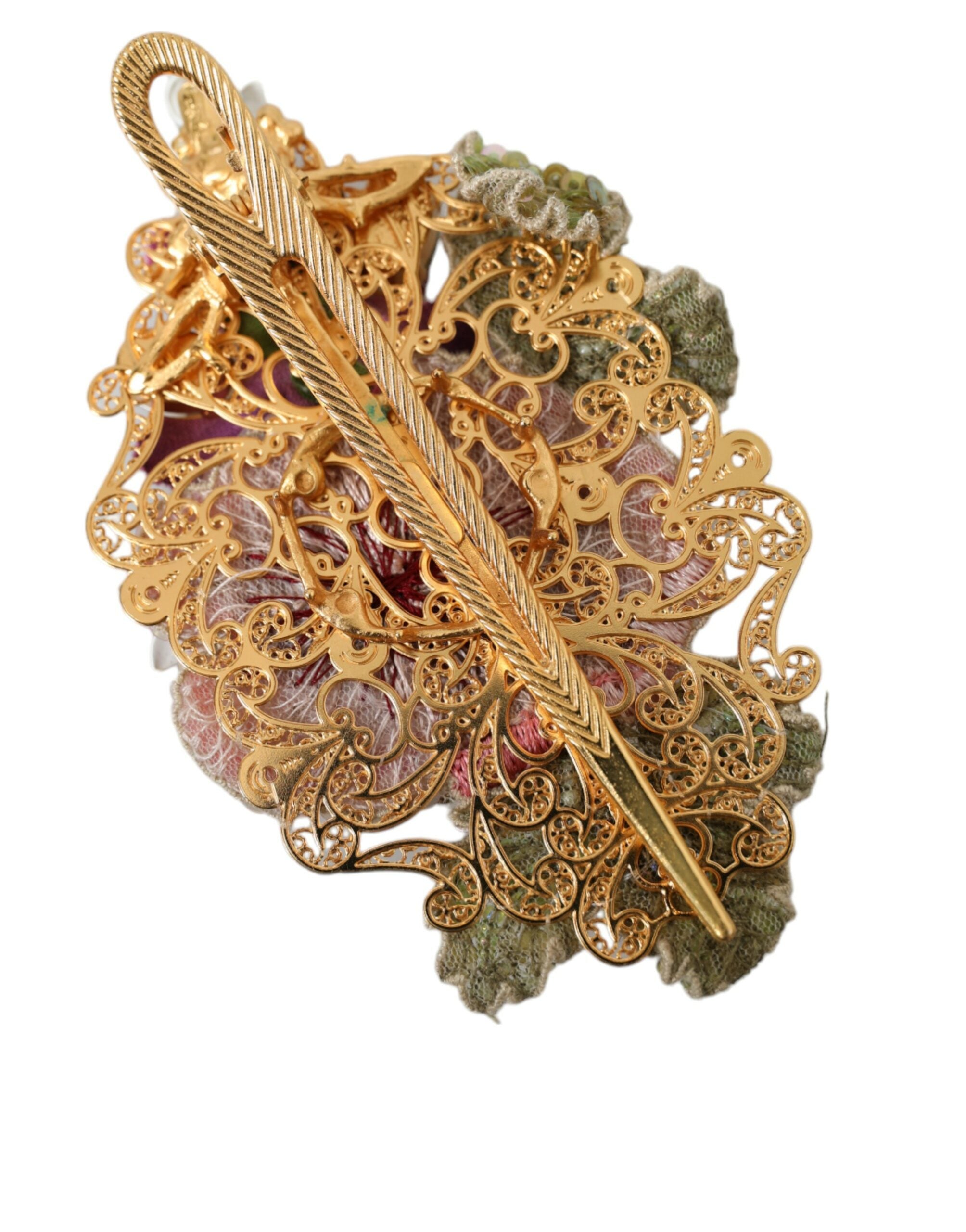 Dolce & Gabbana Gold Brass Floral Crystal Sequin Hair Clip