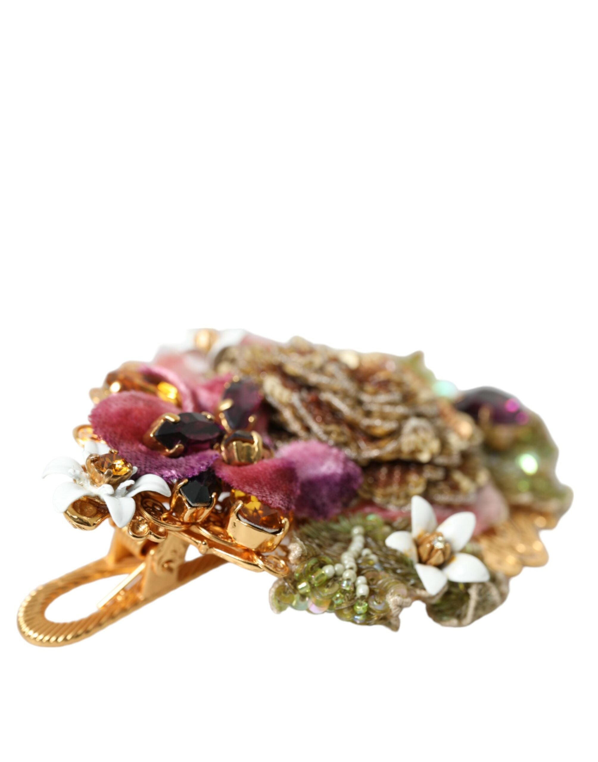 Dolce & Gabbana Gold Brass Floral Crystal Sequin Hair Clip