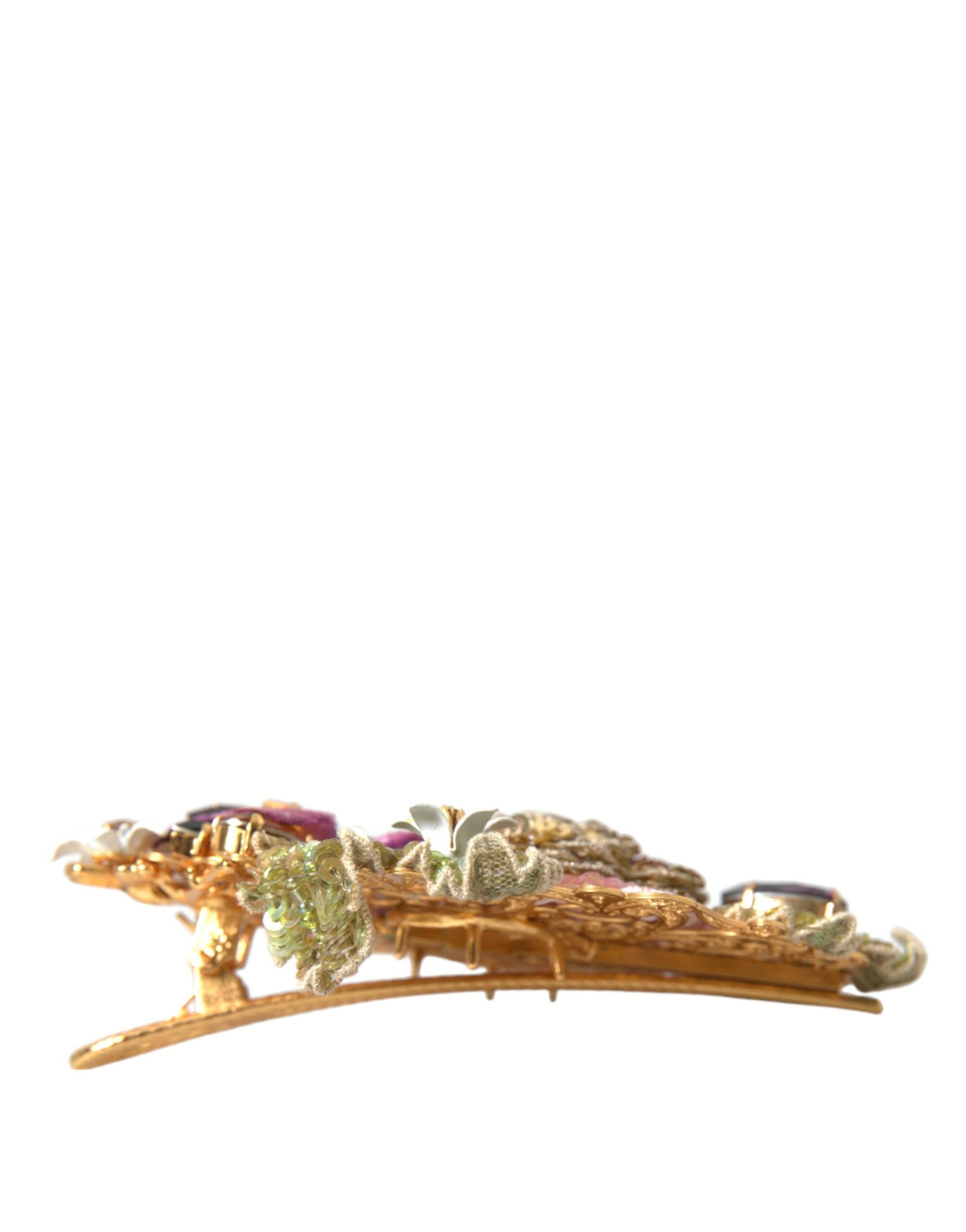 Dolce & Gabbana Gold Brass Floral Crystal Sequin Hair Clip