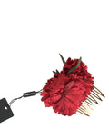 Dolce & Gabbana Red Silk Floral Gold Brass Women's Hair Comb
