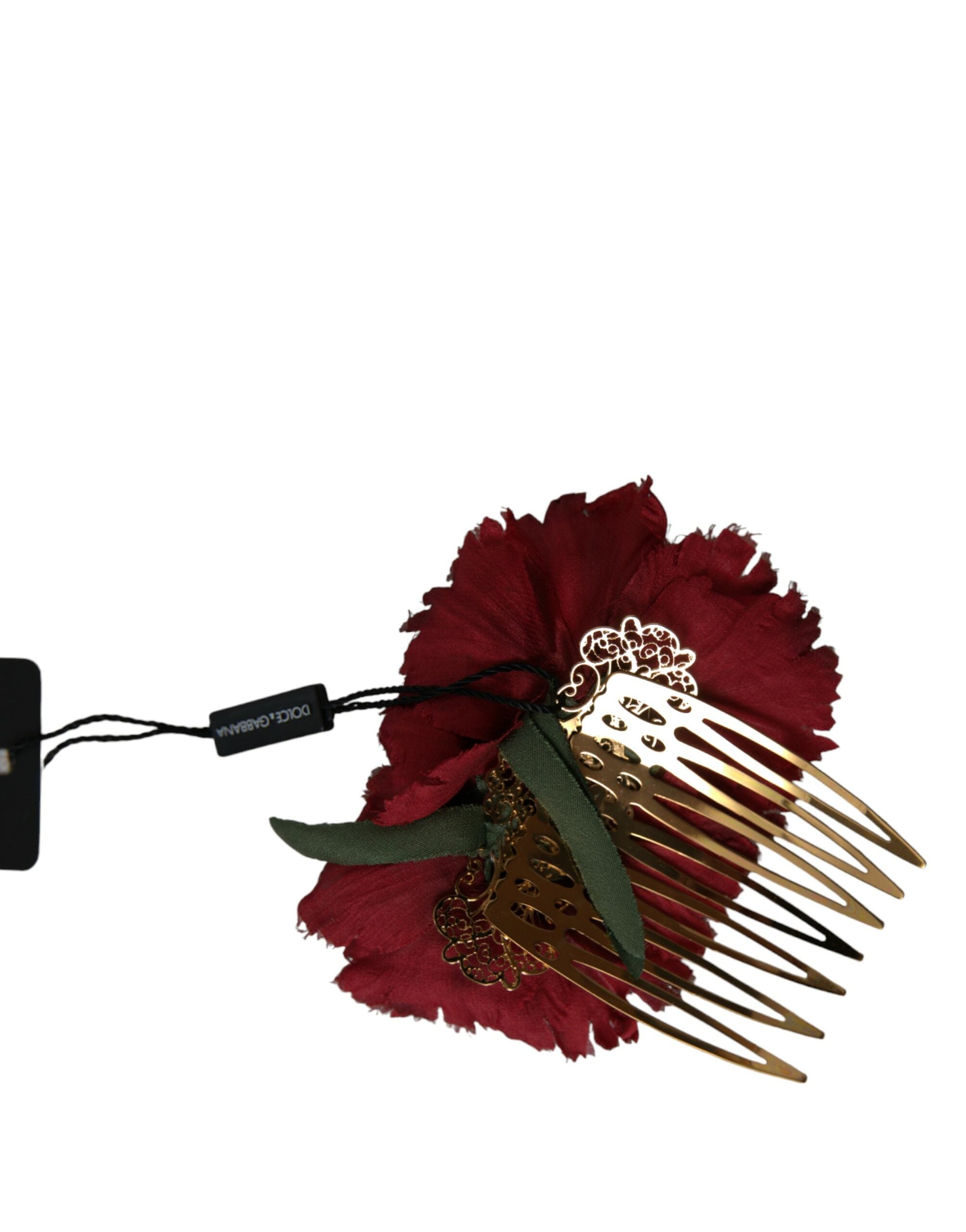Dolce & Gabbana Red Silk Floral Gold Brass Women's Hair Comb