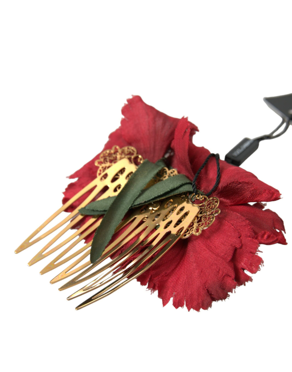 Dolce & Gabbana Red Silk Floral Gold Brass Women's Hair Comb