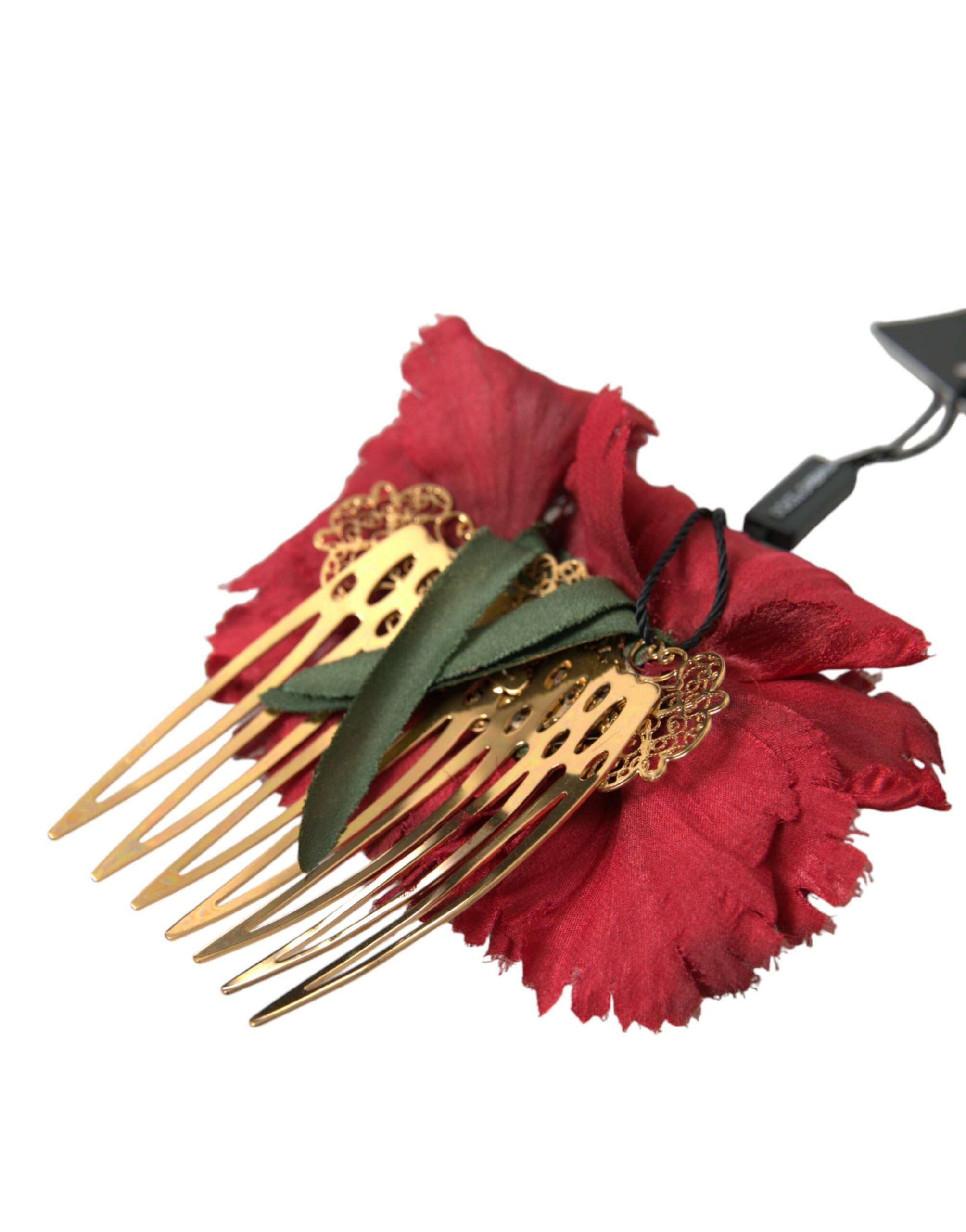 Dolce & Gabbana Red Silk Floral Gold Brass Women's Hair Comb