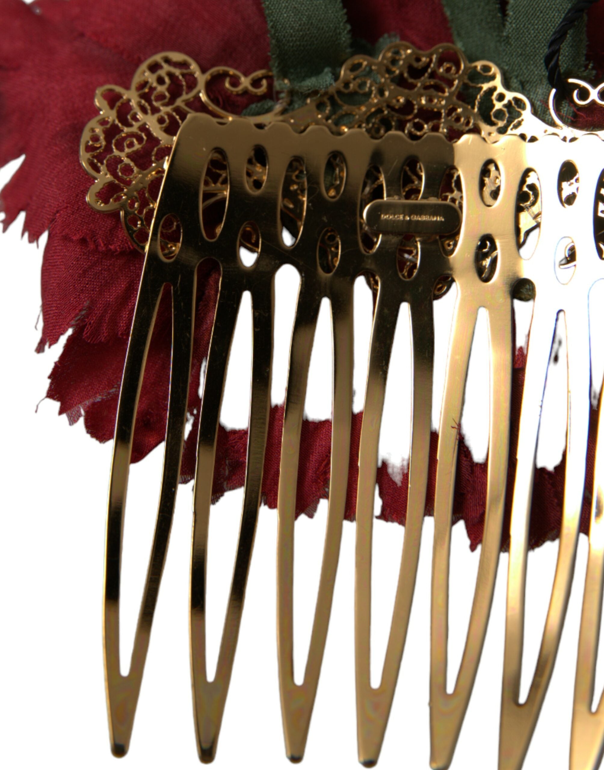 Dolce & Gabbana Red Silk Floral Gold Brass Women's Hair Comb