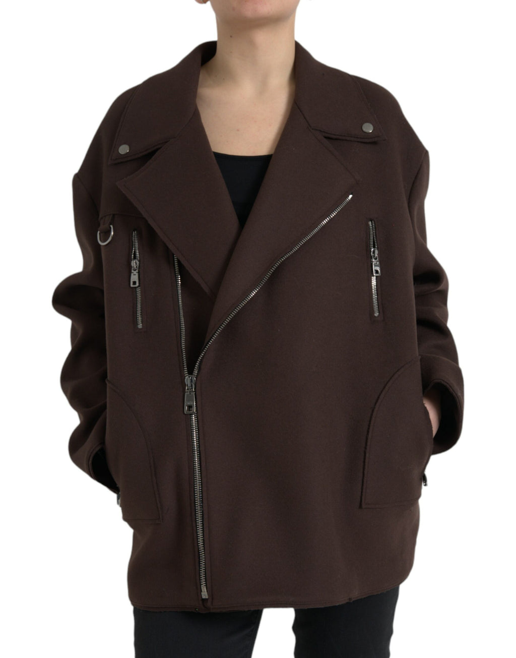 Dolce & Gabbana Brauner Mantel Kurze Biker-Wolljacke