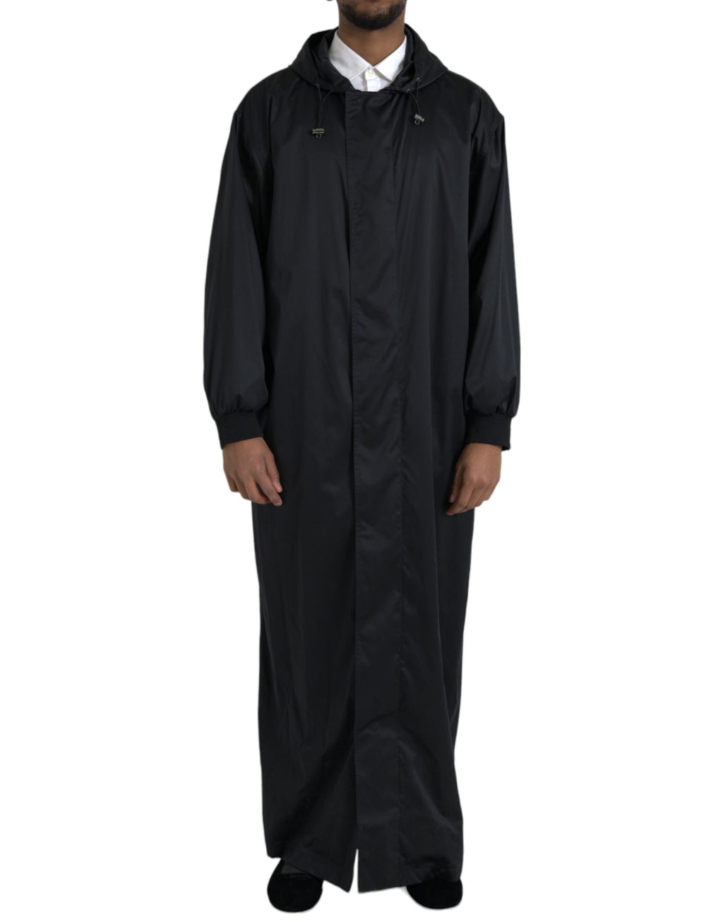 Dolce & Gabbana Schwarze lange Windbreaker-Jacke mit Kapuze aus Polyester