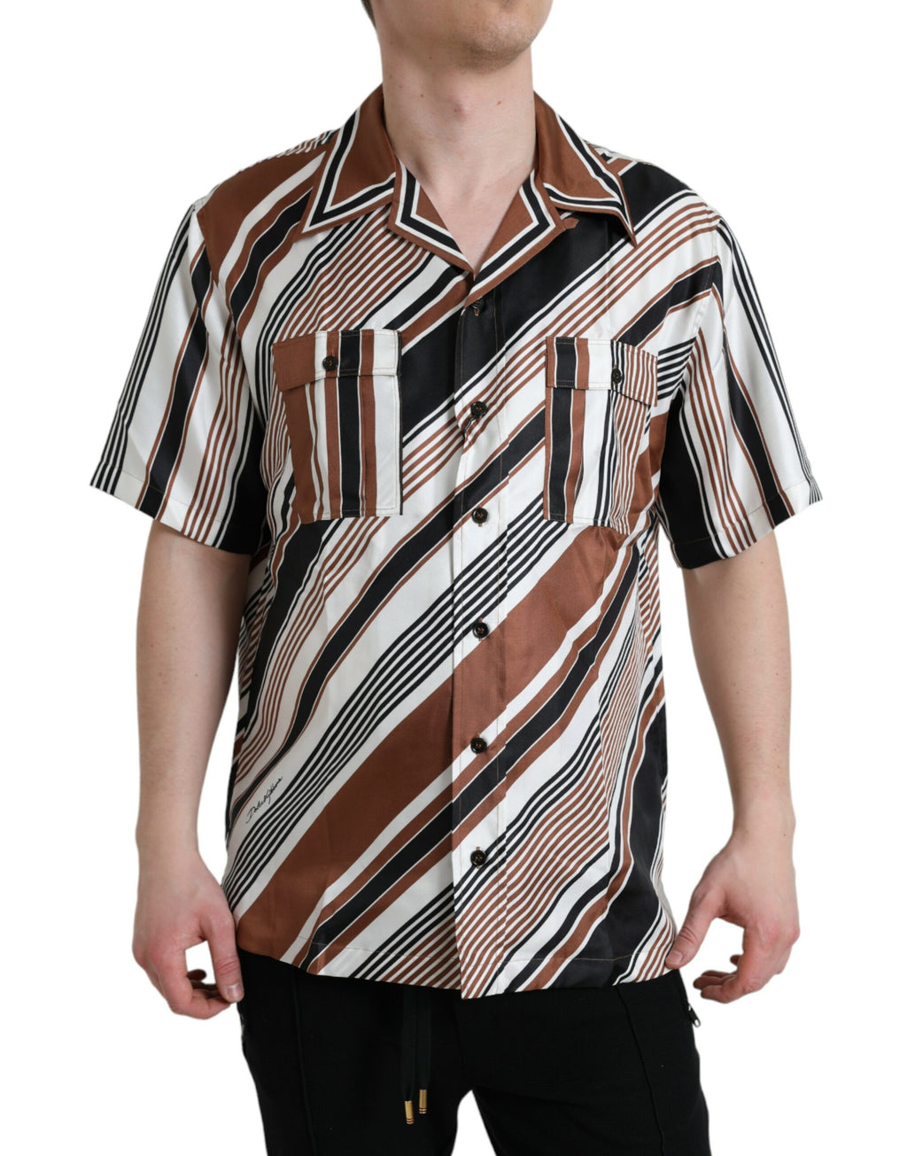 Dolce & Gabbana Brown and White Striped Short-Sleeved Silk Shirt