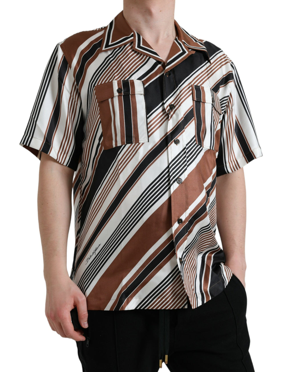 Dolce & Gabbana Brown and White Striped Short-Sleeved Silk Shirt