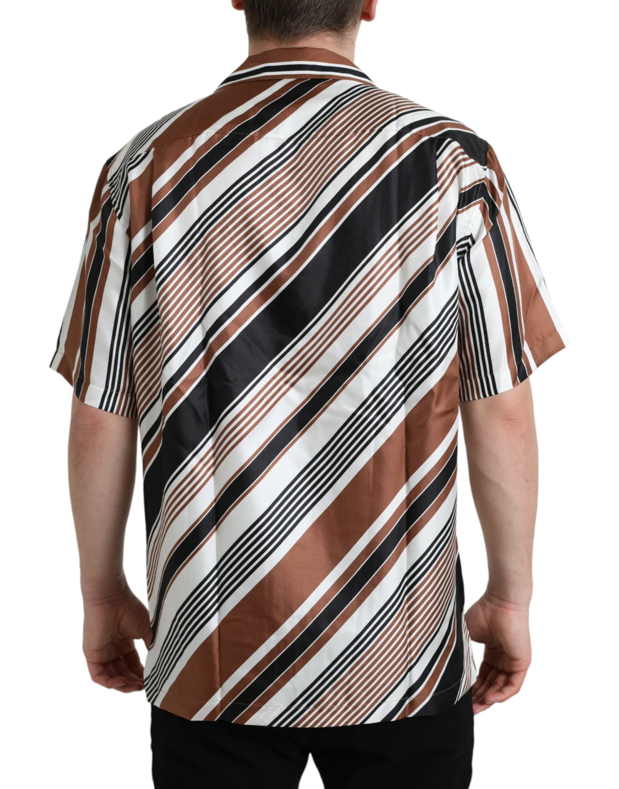 Dolce & Gabbana Brown and White Striped Short-Sleeved Silk Shirt