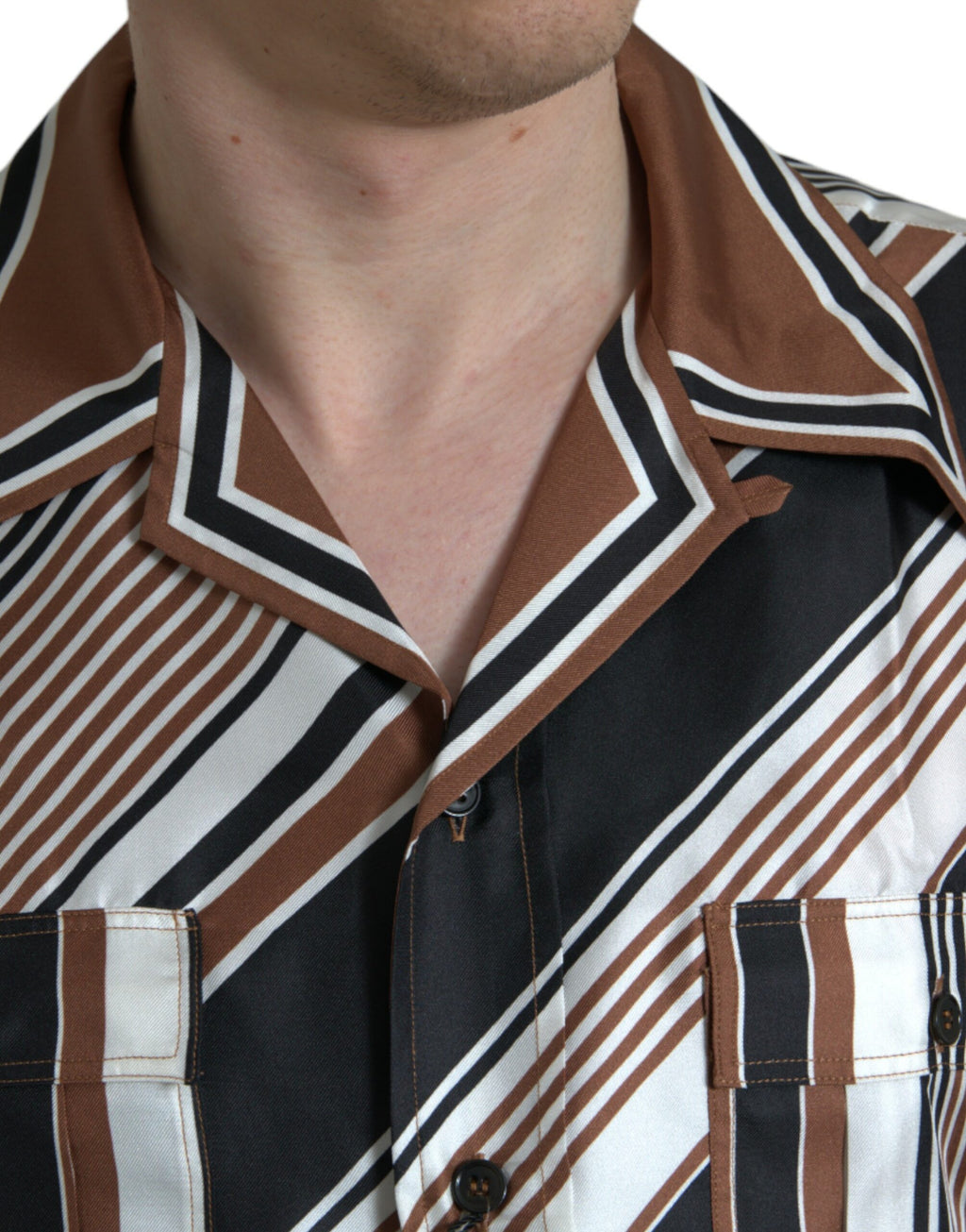 Dolce & Gabbana Brown and White Striped Short-Sleeved Silk Shirt