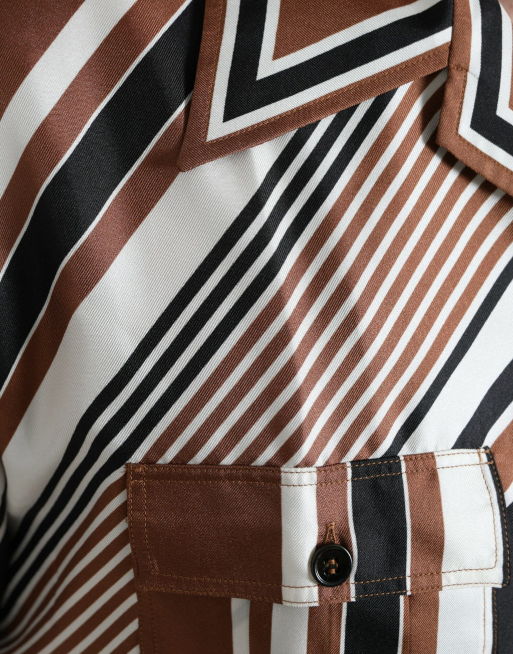 Dolce & Gabbana Brown and White Striped Short-Sleeved Silk Shirt