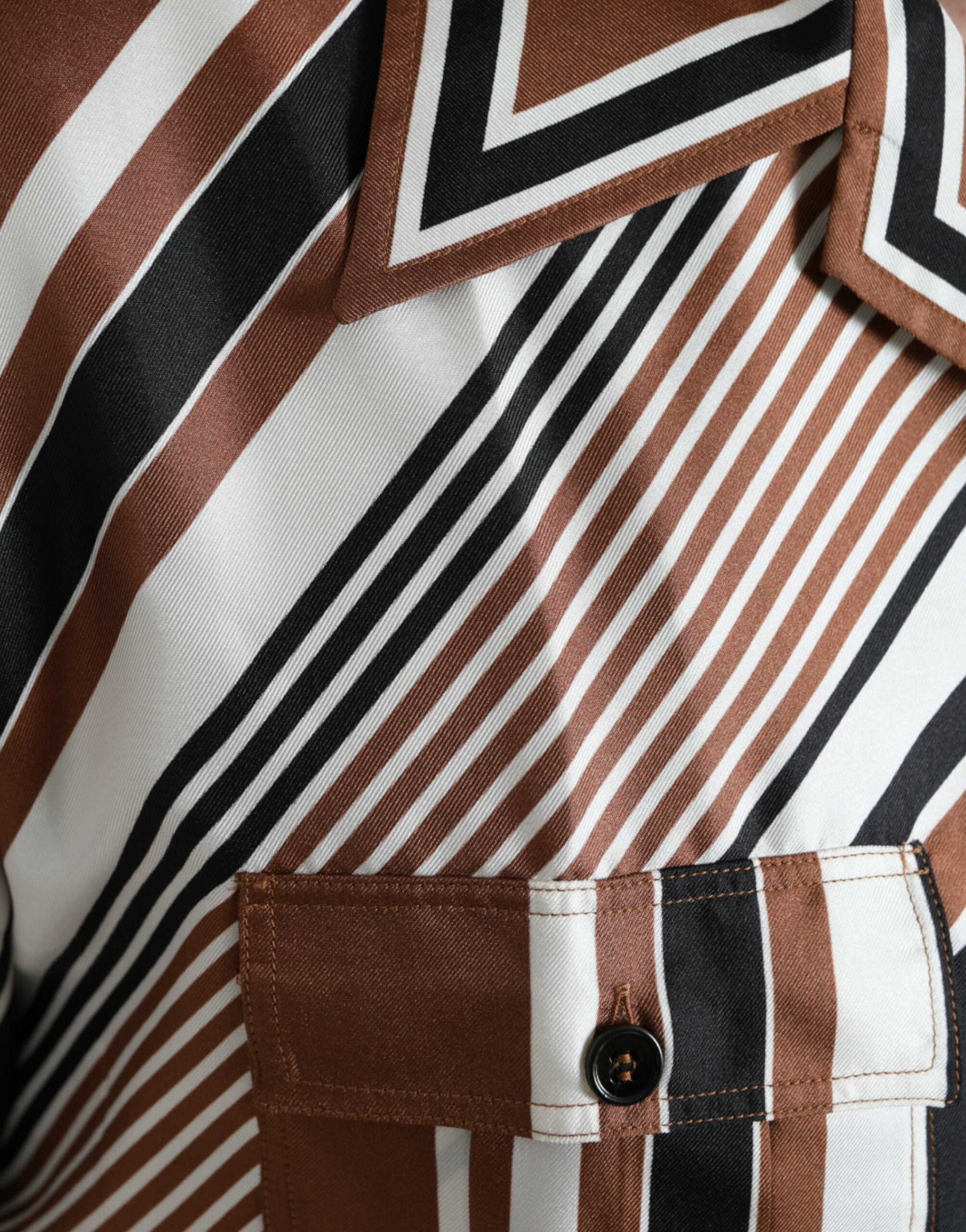Dolce & Gabbana Brown and White Striped Short-Sleeved Silk Shirt