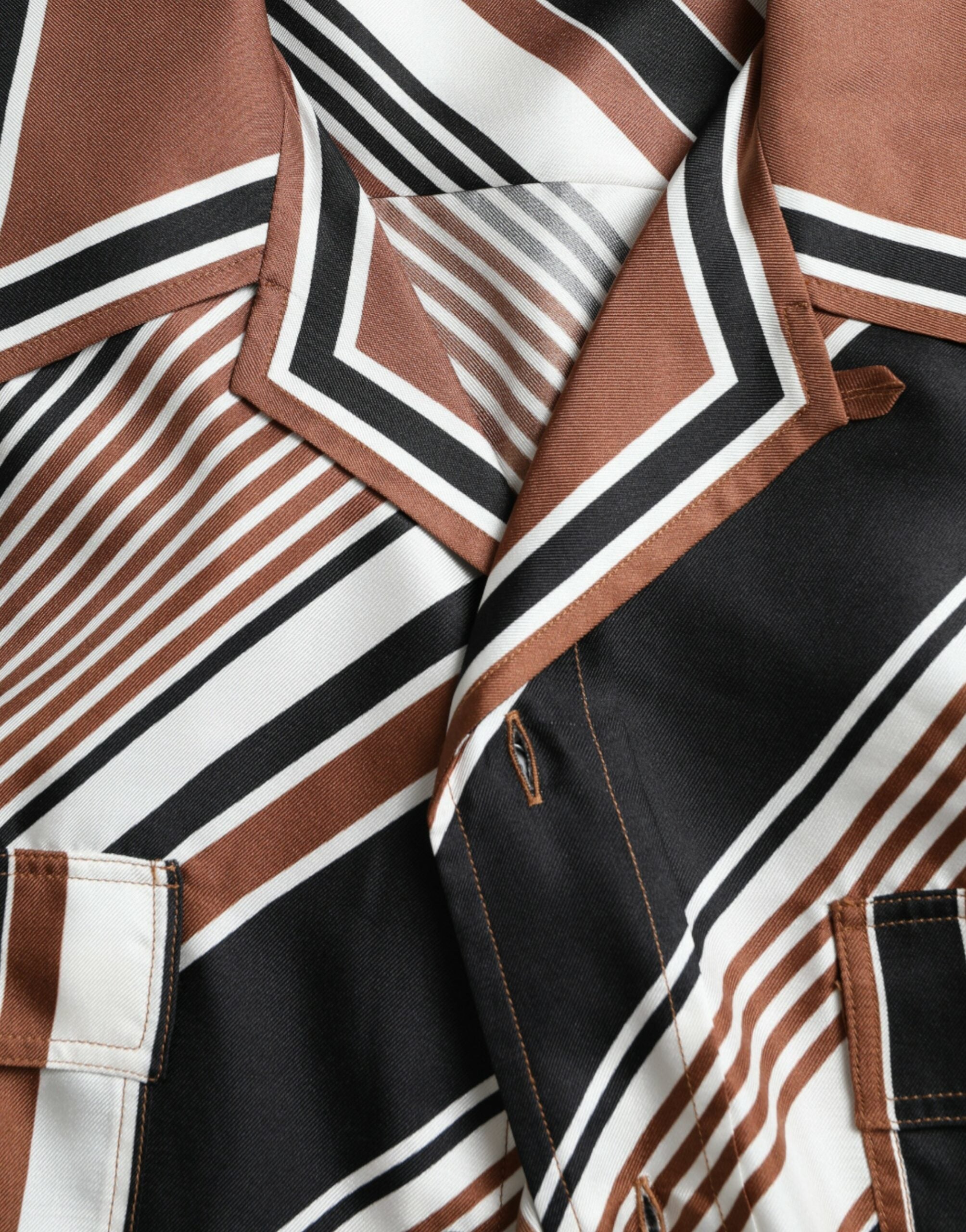 Dolce & Gabbana Brown and White Striped Short-Sleeved Silk Shirt