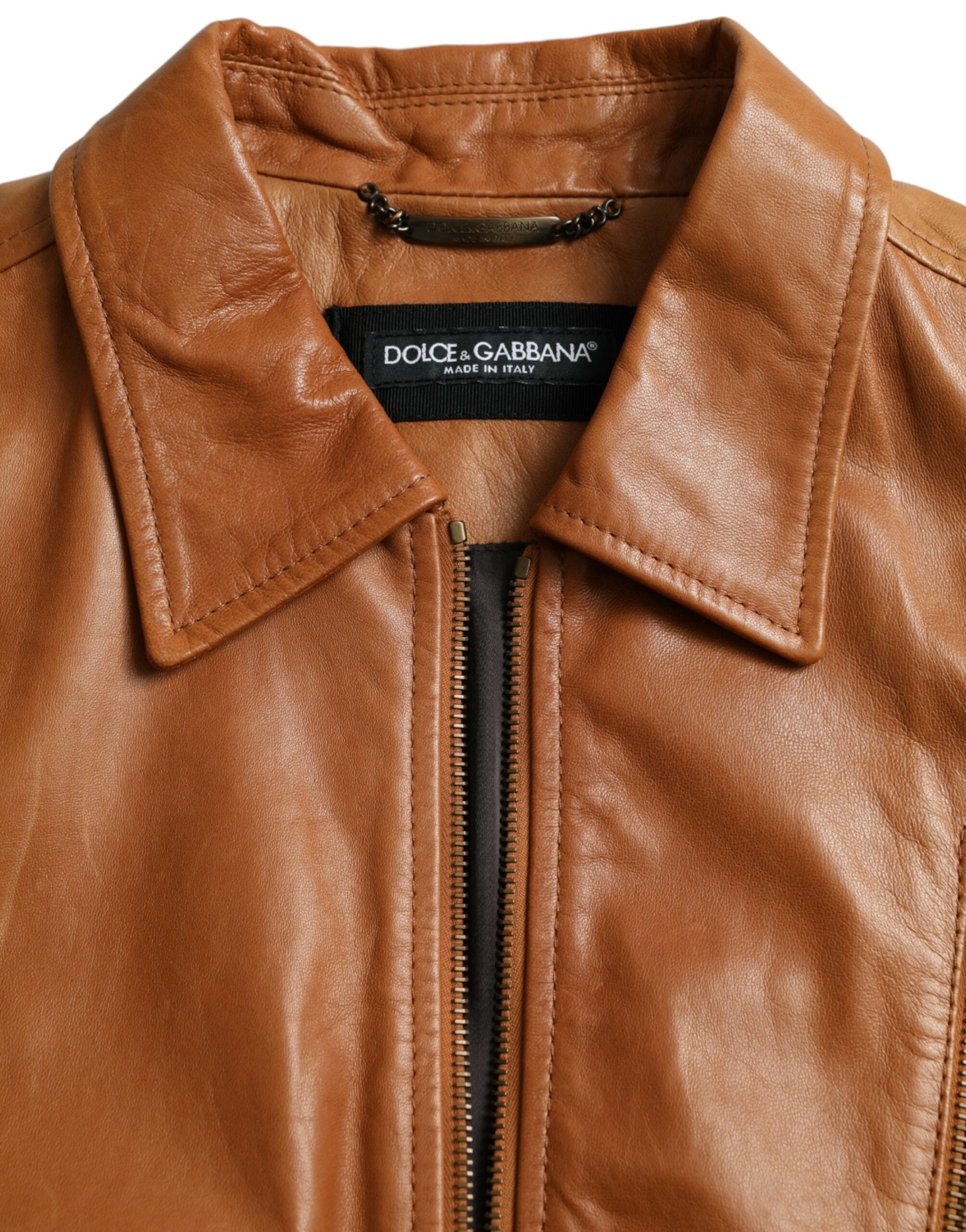 Dolce & Gabbana Braune Lammleder-Blouson-Jacke mit durchgehendem Reißverschluss