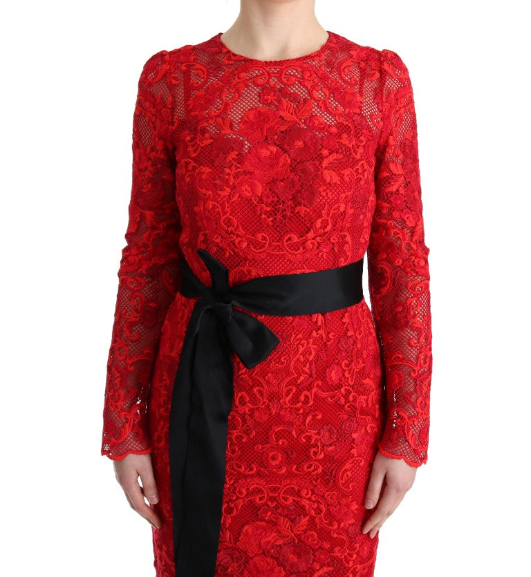 Dolce & Gabbana Rotes geblümtes langes Ricamo Etuikleid