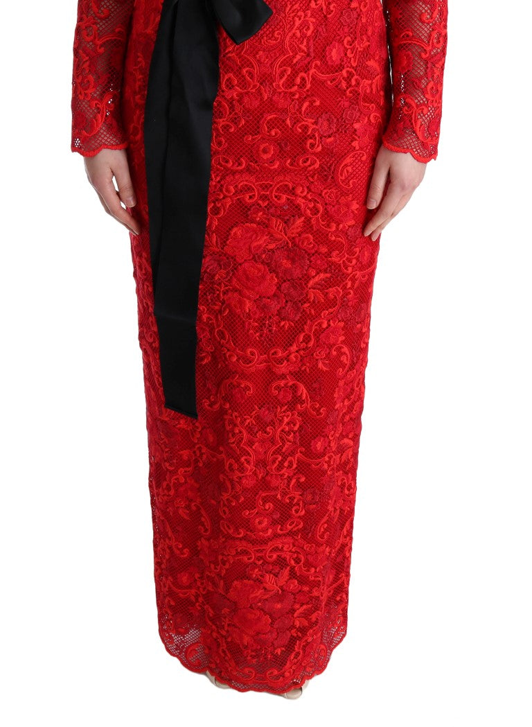 Dolce & Gabbana Rotes geblümtes langes Ricamo Etuikleid