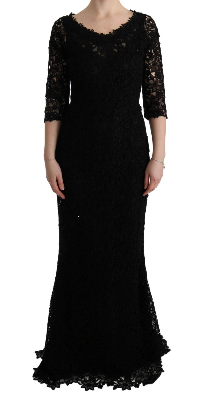 Dolce & Gabbana Schwarzes geblümtes langes Ricamo Etuikleid