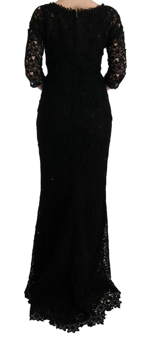 Dolce & Gabbana Schwarzes geblümtes langes Ricamo Etuikleid